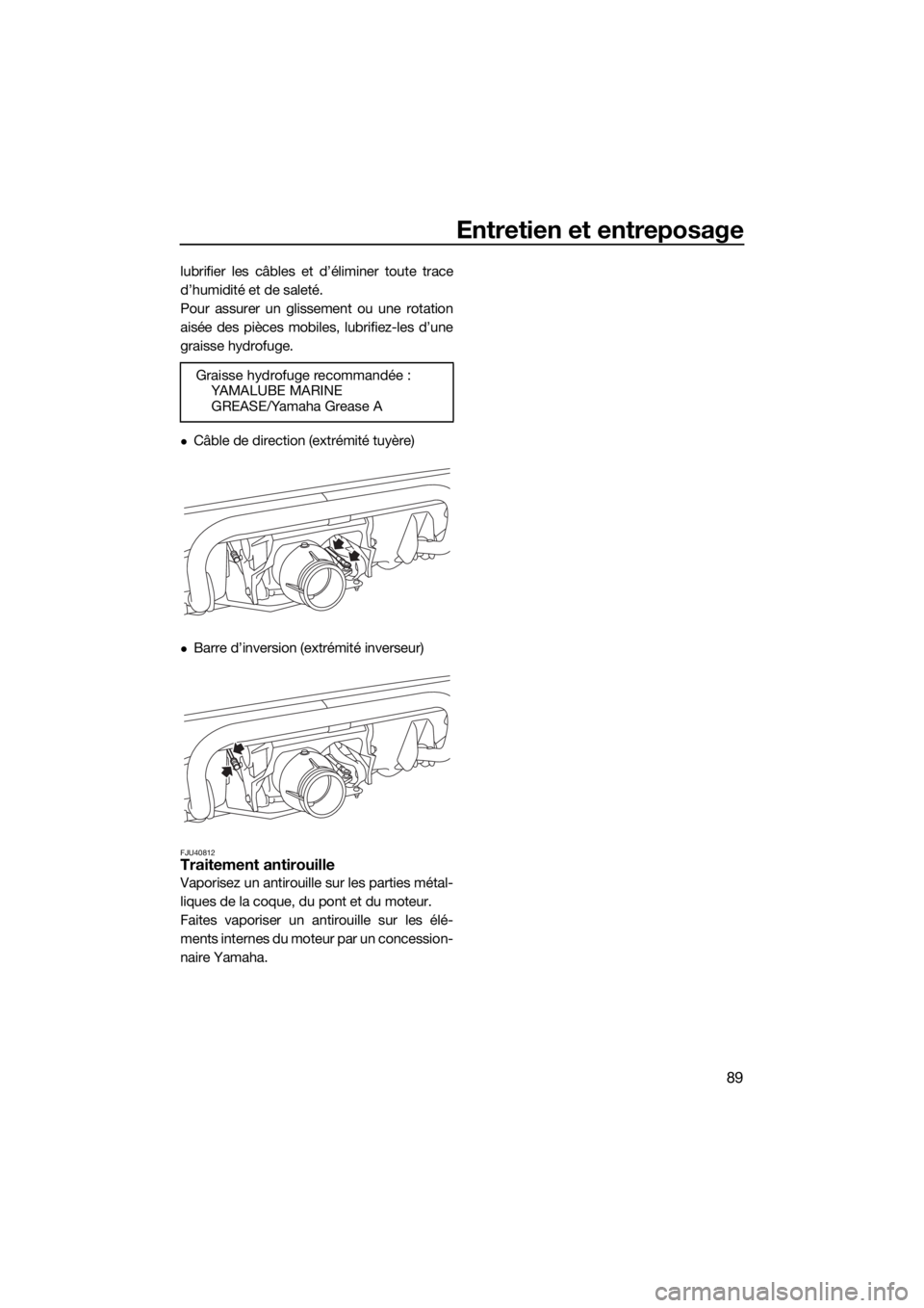 YAMAHA VX CRUISER HO 2017 Notices Demploi (in French) Entretien et entreposage
89
lubrifier les câbles et d’éliminer toute trace
d’humidité et de saleté.
Pour assurer un glissement ou une rotation
aisée des pièces mobiles, lubrifiez-les d’une YAMAHA VX CRUISER HO 2017 Notices Demploi (in French) Entretien et entreposage
89
lubrifier les câbles et d’éliminer toute trace
d’humidité et de saleté.
Pour assurer un glissement ou une rotation
aisée des pièces mobiles, lubrifiez-les d’une