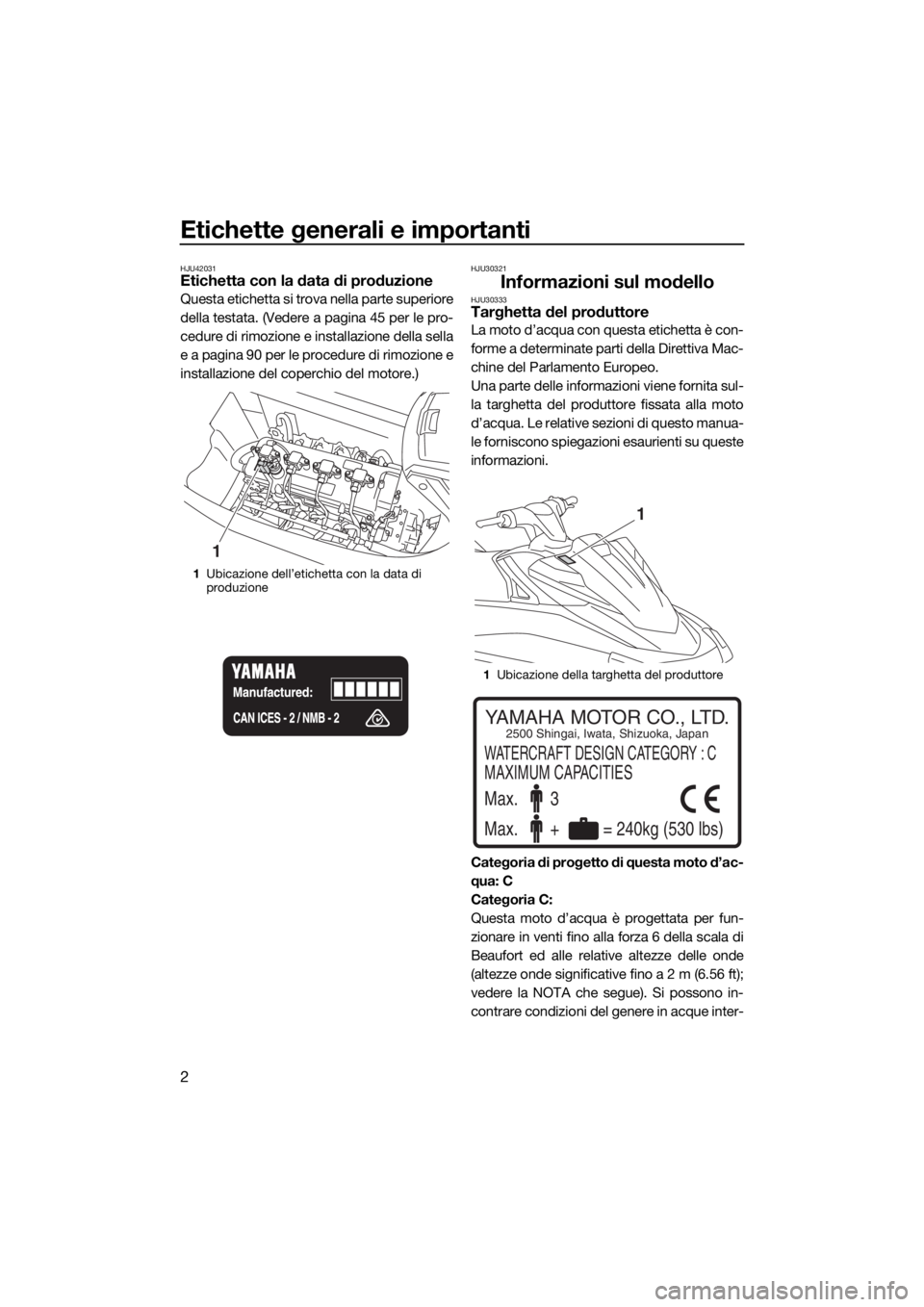 YAMAHA VX CRUISER HO 2017  Manuale duso (in Italian) Etichette generali e importanti
2
HJU42031Etichetta con la data di produzione
Questa etichetta si trova nella parte superiore
della testata. (Vedere a pagina 45 per le pro-
cedure di rimozione e insta