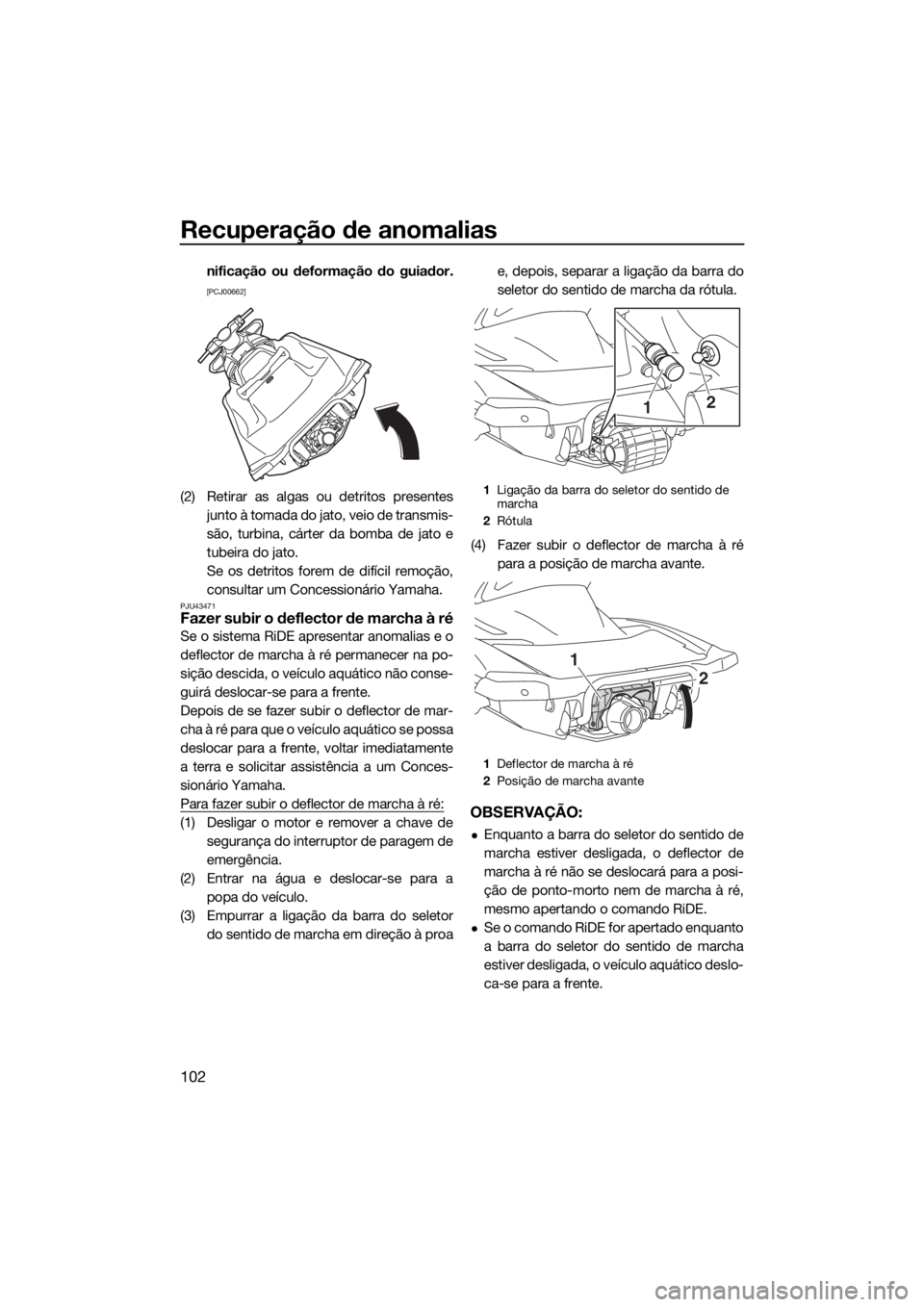 YAMAHA VX CRUISER HO 2017  Manual de utilização (in Portuguese) Recuperação de anomalias
102
nificação ou deformação do guiador.
[PCJ00662]
(2) Retirar as algas ou detritos presentes
junto à tomada do jato, veio de transmis-
são, turbina, cárter da bomba 