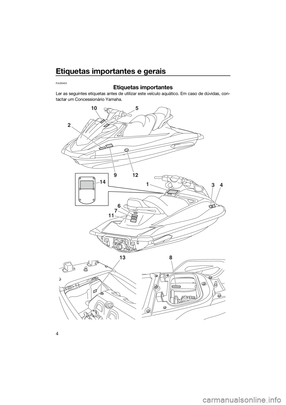 YAMAHA VX CRUISER HO 2017 Manual de utilização (in Portuguese) Etiquetas importantes e gerais
4
PJU30453
Etiquetas importantes
Ler as seguintes etiquetas antes de utilizar este veículo aquático. Em caso de dúvidas, con-
tactar um Concessionário Yamaha.
2
10
1 YAMAHA VX CRUISER HO 2017 Manual de utilização (in Portuguese) Etiquetas importantes e gerais
4
PJU30453
Etiquetas importantes
Ler as seguintes etiquetas antes de utilizar este veículo aquático. Em caso de dúvidas, con-
tactar um Concessionário Yamaha.
2
10
1