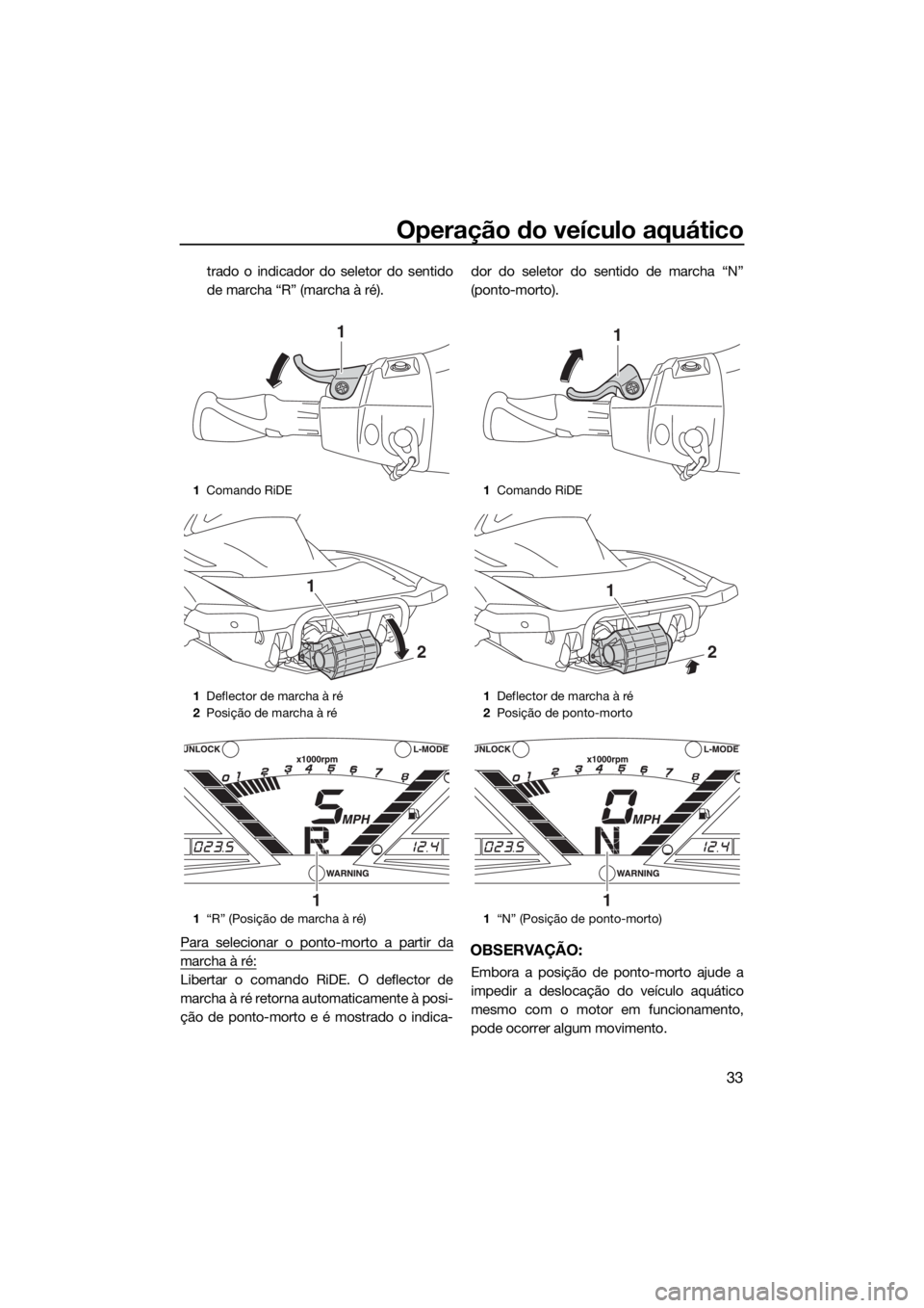 YAMAHA VX CRUISER HO 2017 Manual de utilização (in Portuguese) Operação do veículo aquático
33
trado o indicador do seletor do sentido
de marcha “R” (marcha à ré).
Para selecionar o ponto-morto a partir da
marcha à ré:
Libertar o comando RiDE. O defle YAMAHA VX CRUISER HO 2017 Manual de utilização (in Portuguese) Operação do veículo aquático
33
trado o indicador do seletor do sentido
de marcha “R” (marcha à ré).
Para selecionar o ponto-morto a partir da
marcha à ré:
Libertar o comando RiDE. O defle