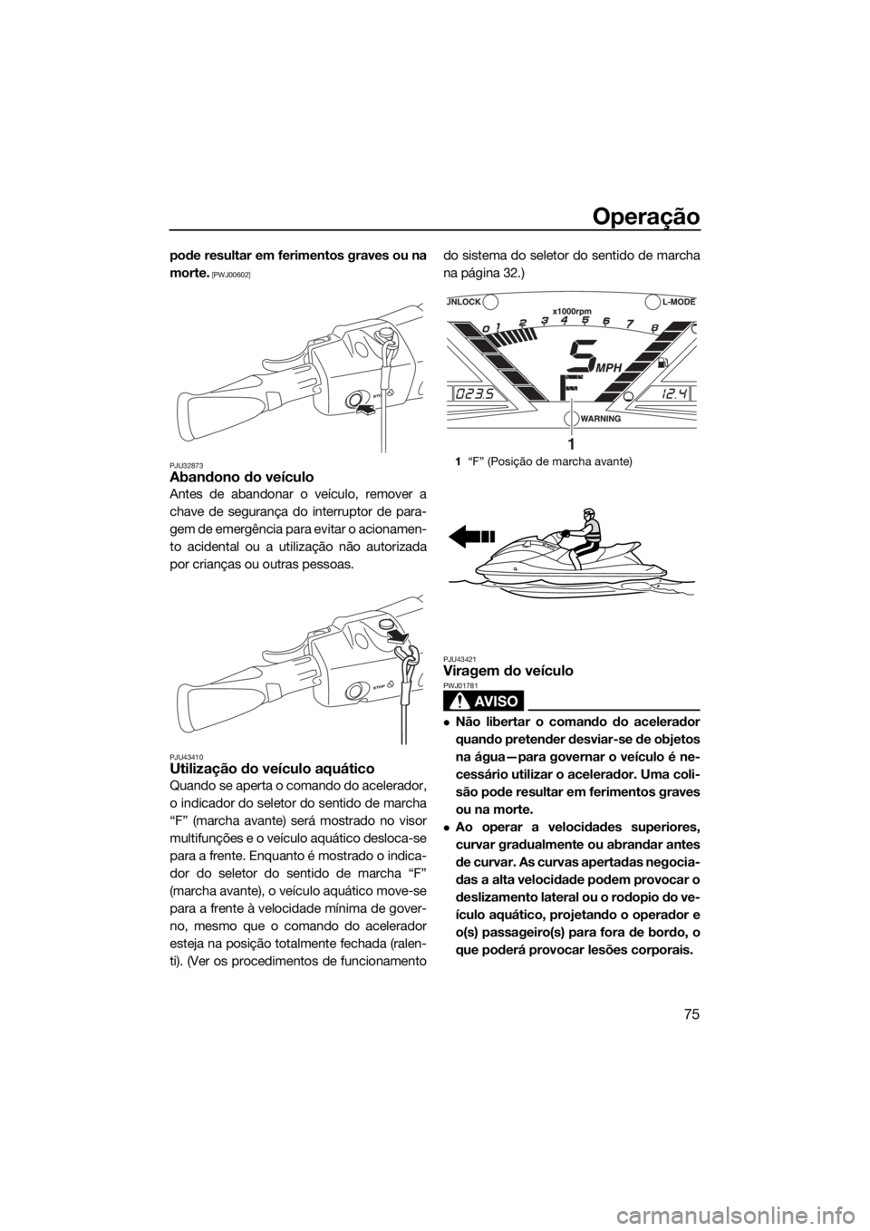 YAMAHA VX CRUISER HO 2017  Manual de utilização (in Portuguese) Operação
75
pode resultar em ferimentos graves ou na
morte.
 [PWJ00602]
PJU32873
Abandono do veículo
Antes de abandonar o veículo, remover a
chave de segurança do interruptor de para-
gem de emer