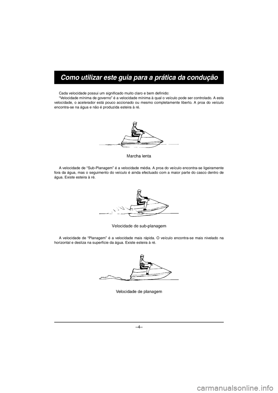 YAMAHA VX CRUISER HO 2016 Owners Manual –4–
Como utilizar este guia para a prática da condução
Cada velocidade possui um significado muito claro e bem definido:
“Velocidade mínima de governo” é a velocidade mínima à qual o v YAMAHA VX CRUISER HO 2016 Owners Manual –4–
Como utilizar este guia para a prática da condução
Cada velocidade possui um significado muito claro e bem definido:
“Velocidade mínima de governo” é a velocidade mínima à qual o v