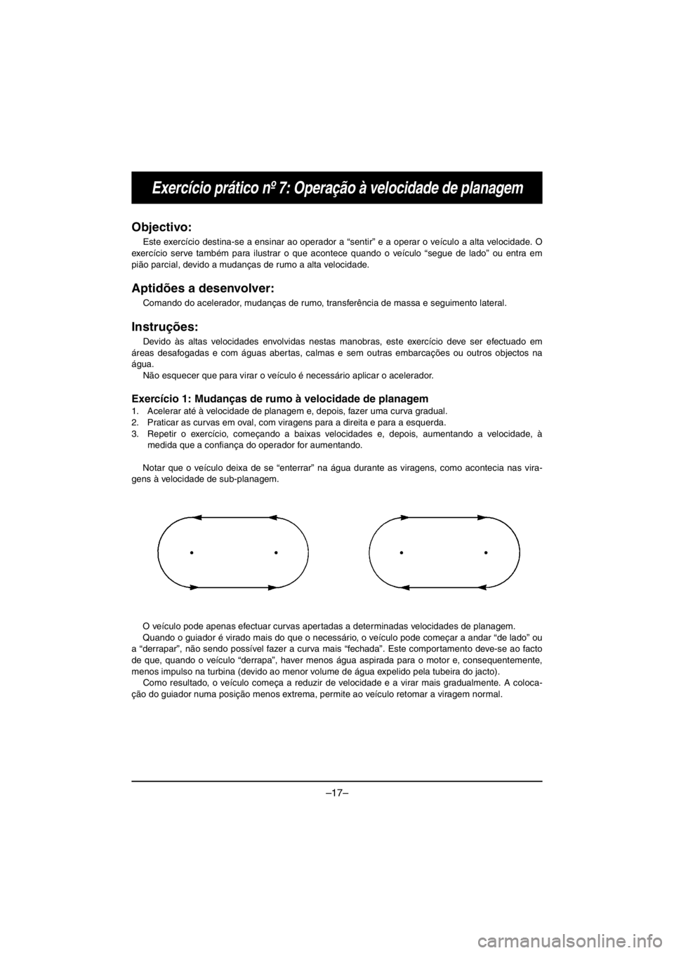 YAMAHA VX CRUISER HO 2016 Owners Manual –17–
Exercício prático nº 7: Operação à velocidade de planagem
Objectivo:
Este exercício destina-se a ensinar ao operador a “sentir” e a operar o veículo a alta velocidade. O
exercíc YAMAHA VX CRUISER HO 2016 Owners Manual –17–
Exercício prático nº 7: Operação à velocidade de planagem
Objectivo:
Este exercício destina-se a ensinar ao operador a “sentir” e a operar o veículo a alta velocidade. O
exercíc