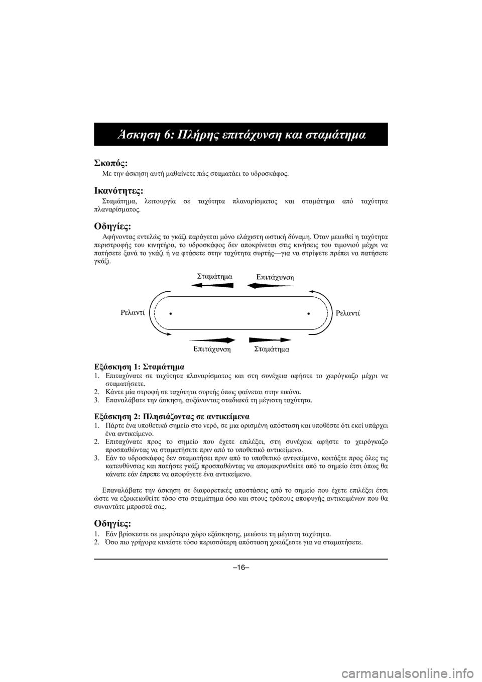 YAMAHA VX CRUISER HO 2016 Owners Manual –16–
Άσκηση 6: Πλήρης επιτάχυνση και σταμάτημα
Σκοπός:
Με την άσκηση αυτή μαθαίνετε πώς σταματάει το υδροσκάφ YAMAHA VX CRUISER HO 2016 Owners Manual –16–
Άσκηση 6: Πλήρης επιτάχυνση και σταμάτημα
Σκοπός:
Με την άσκηση αυτή μαθαίνετε πώς σταματάει το υδροσκάφ