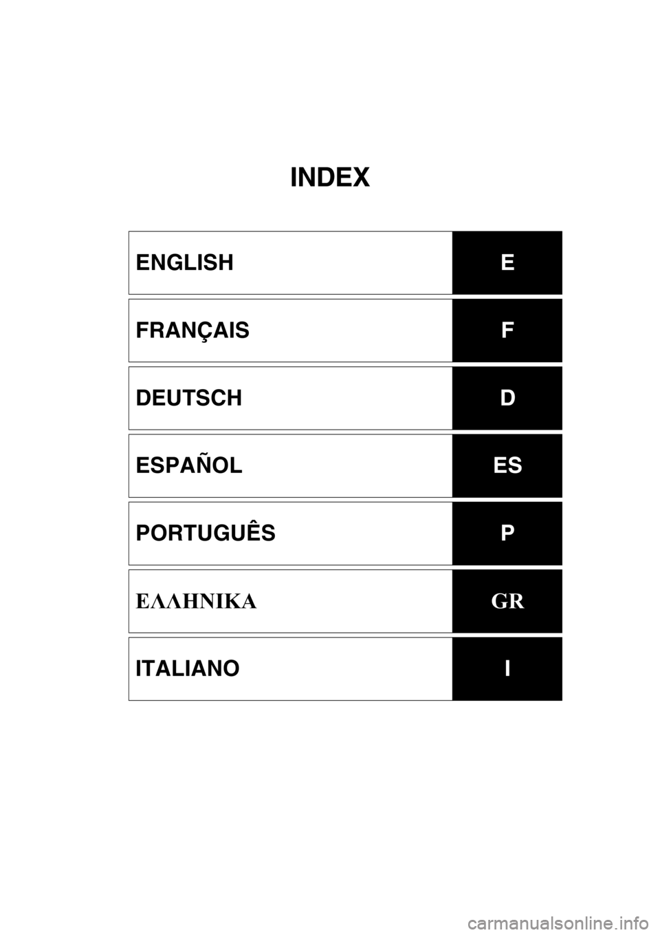 YAMAHA VX CRUISER HO 2016  Owners Manual INDEX
ENGLISHE
FRANÇAISF
DEUTSCHD
ESPAÑOLES
PORTUGUÊSP
ΕΛΛΗΝΙΚΑGR
ITALIANOI
E_F4E-70-forPrint.book  Page 1  Monday, October 5, 2015  5:01 PM 