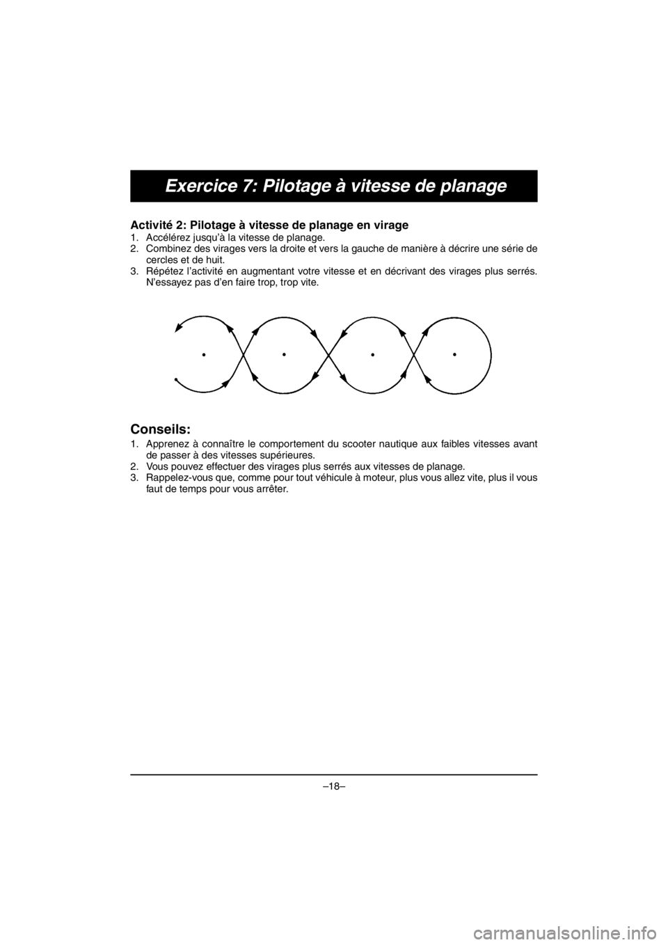 YAMAHA VX CRUISER HO 2016 Service Manual –18–
Exercice 7: Pilotage à vitesse de planage
Activité 2: Pilotage à vitesse de planage en virage
1. Accélérez jusqu’à la vitesse de planage.
2. Combinez des virages vers la droite et v YAMAHA VX CRUISER HO 2016 Service Manual –18–
Exercice 7: Pilotage à vitesse de planage
Activité 2: Pilotage à vitesse de planage en virage
1. Accélérez jusqu’à la vitesse de planage.
2. Combinez des virages vers la droite et v
