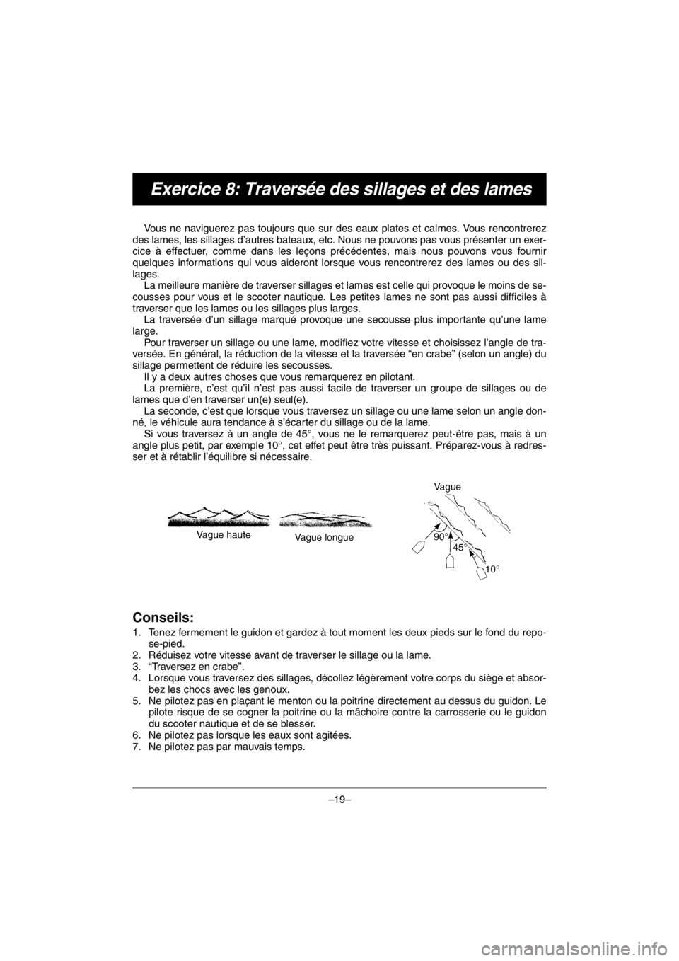 YAMAHA VX CRUISER HO 2016 Service Manual –19–
Exercice 8: Traversée des sillages et des lames
Vous ne naviguerez pas toujours que sur des eaux plates et calmes. Vous rencontrerez
des lames, les sillages d’autres bateaux, etc. Nous ne YAMAHA VX CRUISER HO 2016 Service Manual –19–
Exercice 8: Traversée des sillages et des lames
Vous ne naviguerez pas toujours que sur des eaux plates et calmes. Vous rencontrerez
des lames, les sillages d’autres bateaux, etc. Nous ne