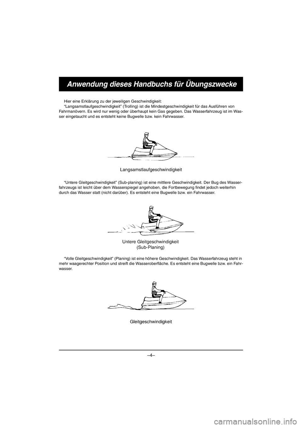 YAMAHA VX CRUISER HO 2016 Workshop Manual –4–
Anwendung dieses Handbuchs für Übungszwecke
Hier eine Erklärung zu der jeweiligen Geschwindigkeit:
“Langsamstlaufgeschwindigkeit” (Trolling) ist die Mindestgeschwindigkeit für das Ausf YAMAHA VX CRUISER HO 2016 Workshop Manual –4–
Anwendung dieses Handbuchs für Übungszwecke
Hier eine Erklärung zu der jeweiligen Geschwindigkeit:
“Langsamstlaufgeschwindigkeit” (Trolling) ist die Mindestgeschwindigkeit für das Ausf