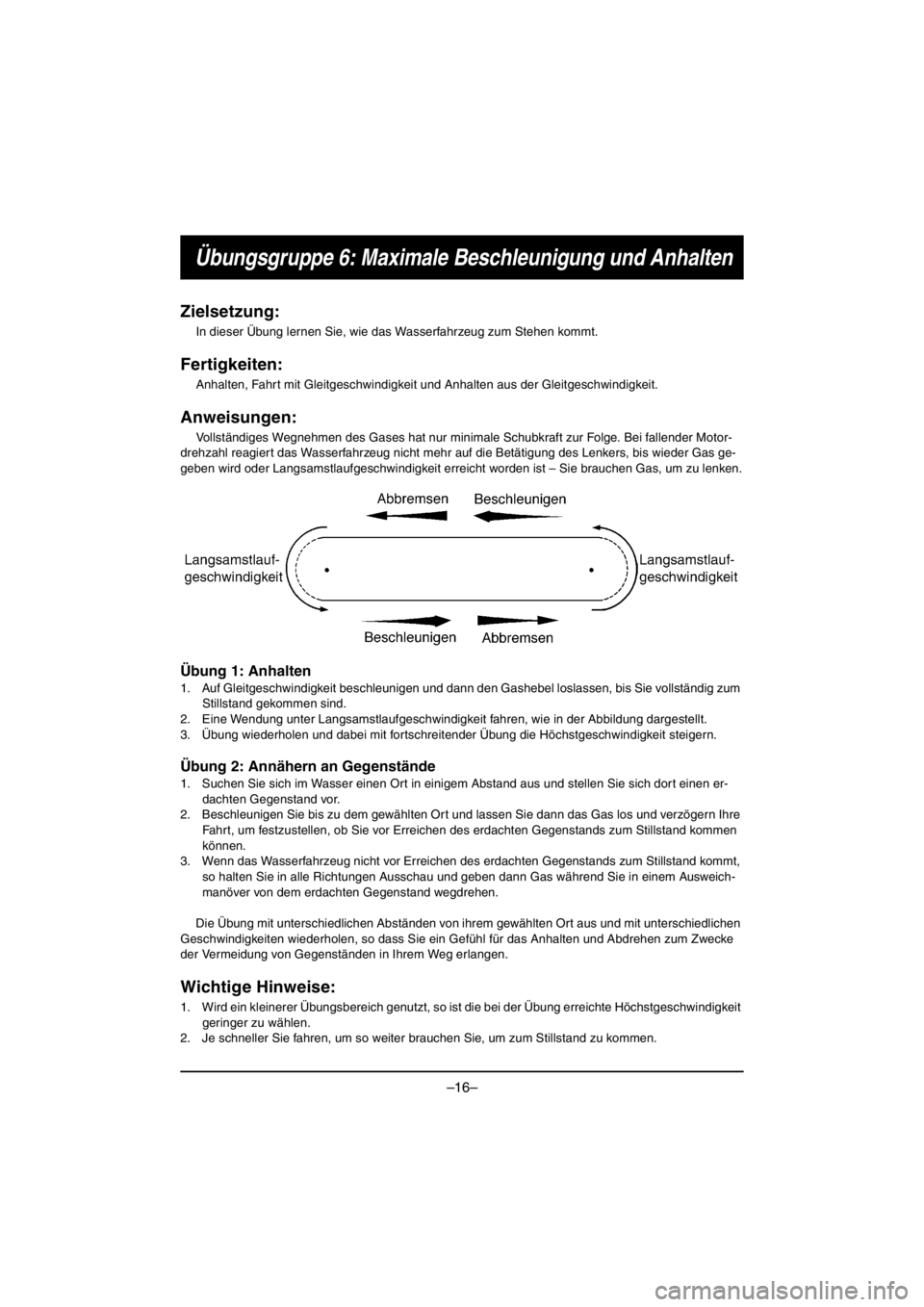 YAMAHA VX CRUISER HO 2016 Repair Manual –16–
Übungsgruppe 6: Maximale Beschleunigung und Anhalten
Zielsetzung:
In dieser Übung lernen Sie, wie das Wasserfahrzeug zum Stehen kommt.
Fertigkeiten:
Anhalten, Fahrt mit Gleitgeschwindigkei YAMAHA VX CRUISER HO 2016 Repair Manual –16–
Übungsgruppe 6: Maximale Beschleunigung und Anhalten
Zielsetzung:
In dieser Übung lernen Sie, wie das Wasserfahrzeug zum Stehen kommt.
Fertigkeiten:
Anhalten, Fahrt mit Gleitgeschwindigkei