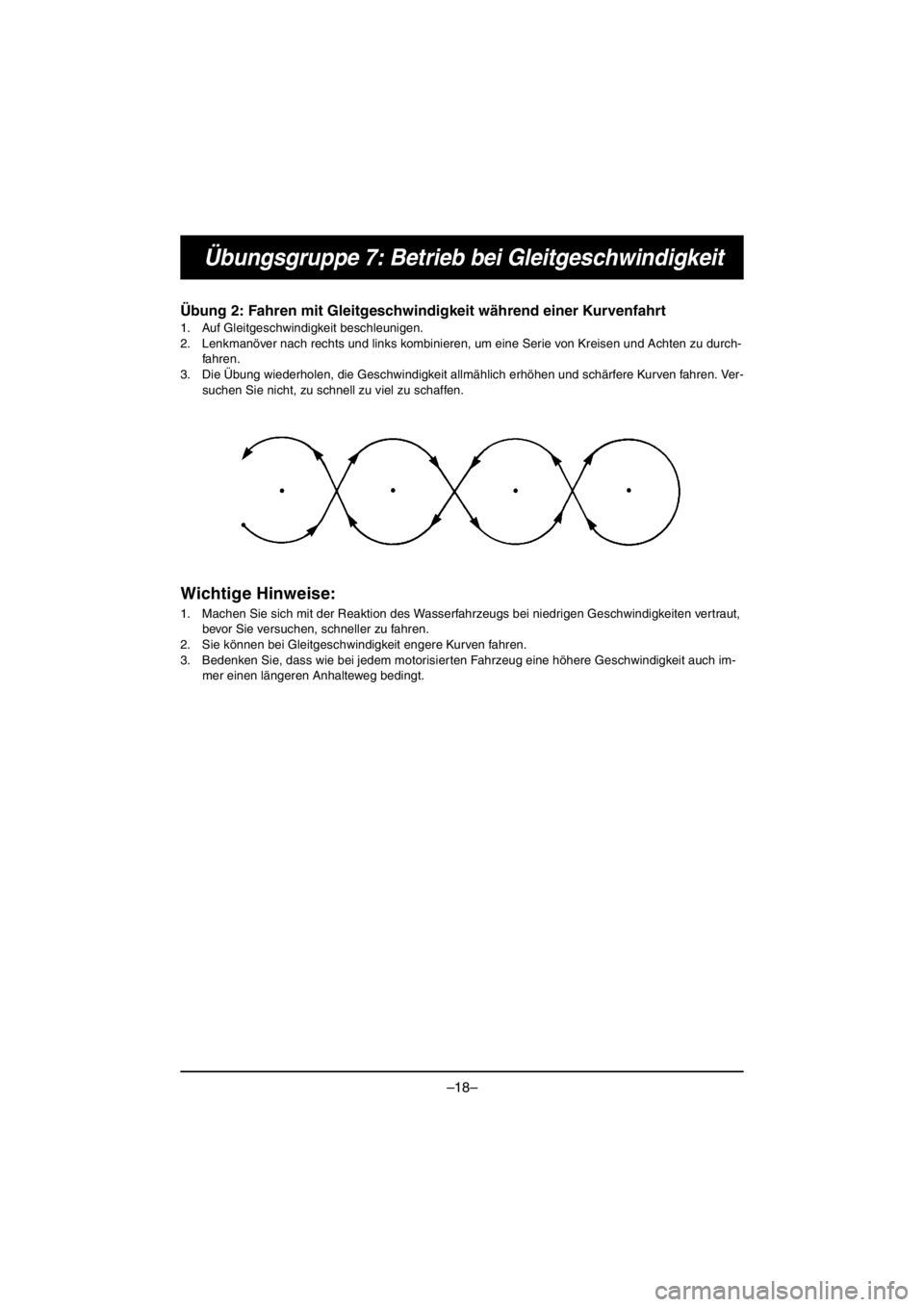 YAMAHA VX CRUISER HO 2016 Manual PDF –18–
Übungsgruppe 7: Betrieb bei Gleitgeschwindigkeit
Übung 2: Fahren mit Gleitgeschwindigkeit während einer Kurvenfahrt
1. Auf Gleitgeschwindigkeit beschleunigen.
2. Lenkmanöver nach rechts u YAMAHA VX CRUISER HO 2016 Manual PDF –18–
Übungsgruppe 7: Betrieb bei Gleitgeschwindigkeit
Übung 2: Fahren mit Gleitgeschwindigkeit während einer Kurvenfahrt
1. Auf Gleitgeschwindigkeit beschleunigen.
2. Lenkmanöver nach rechts u