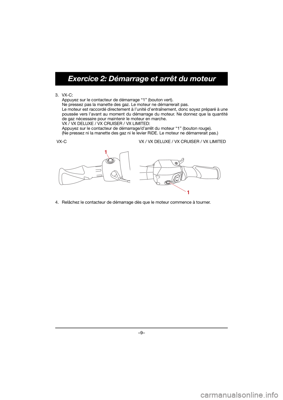 YAMAHA VX DELUXE 2021  Notices Demploi (in French) –9–
Exercice 2: Démarrage et arrêt du moteur
3. VX-C:Appuyez sur le contacteur de démarrage “1” (bouton vert).
Ne pressez pas la manette des gaz. Le moteur ne démarrerait pas.
Le moteur es