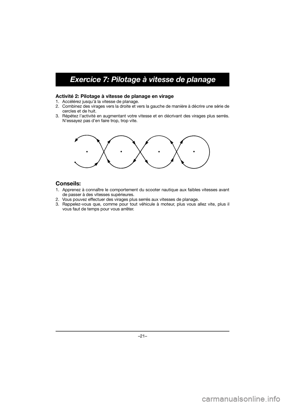 YAMAHA VX DELUXE 2021  Manual de utilização (in Portuguese) –21–
Exercice 7: Pilotage à vitesse de planage
Activité 2: Pilotage à vitesse de planage en virage 
1. Accélérez jusqu’à la vitesse de planage. 
2. Combinez des virages vers la droite et v