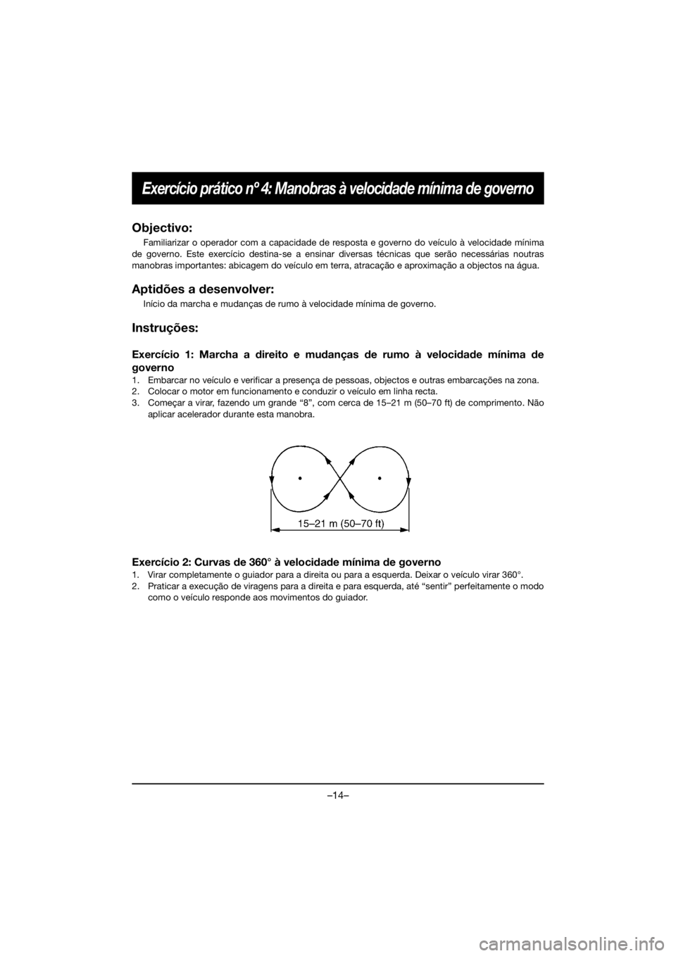 YAMAHA VX DELUXE 2020 Owners Manual –14–
Exercício prático nº 4: Manobras à velocidade mínima de governo
Objectivo: 
Familiarizar o operador com a capacidade de resposta e governo do veículo à velocidade mínima
de governo. E
