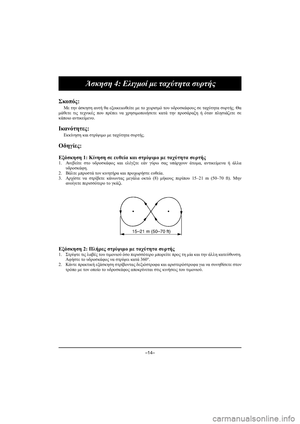YAMAHA VX DELUXE 2020 Owners Manual –14–
Άσκηση 4: Ελιγμοί με ταχύτητα συρτής
Σκοπός:
Με την άσκηση αυτή θα εξοικειωθείτε με το χειρισμό του υδροσ YAMAHA VX DELUXE 2020 Owners Manual –14–
Άσκηση 4: Ελιγμοί με ταχύτητα συρτής
Σκοπός:
Με την άσκηση αυτή θα εξοικειωθείτε με το χειρισμό του υδροσ