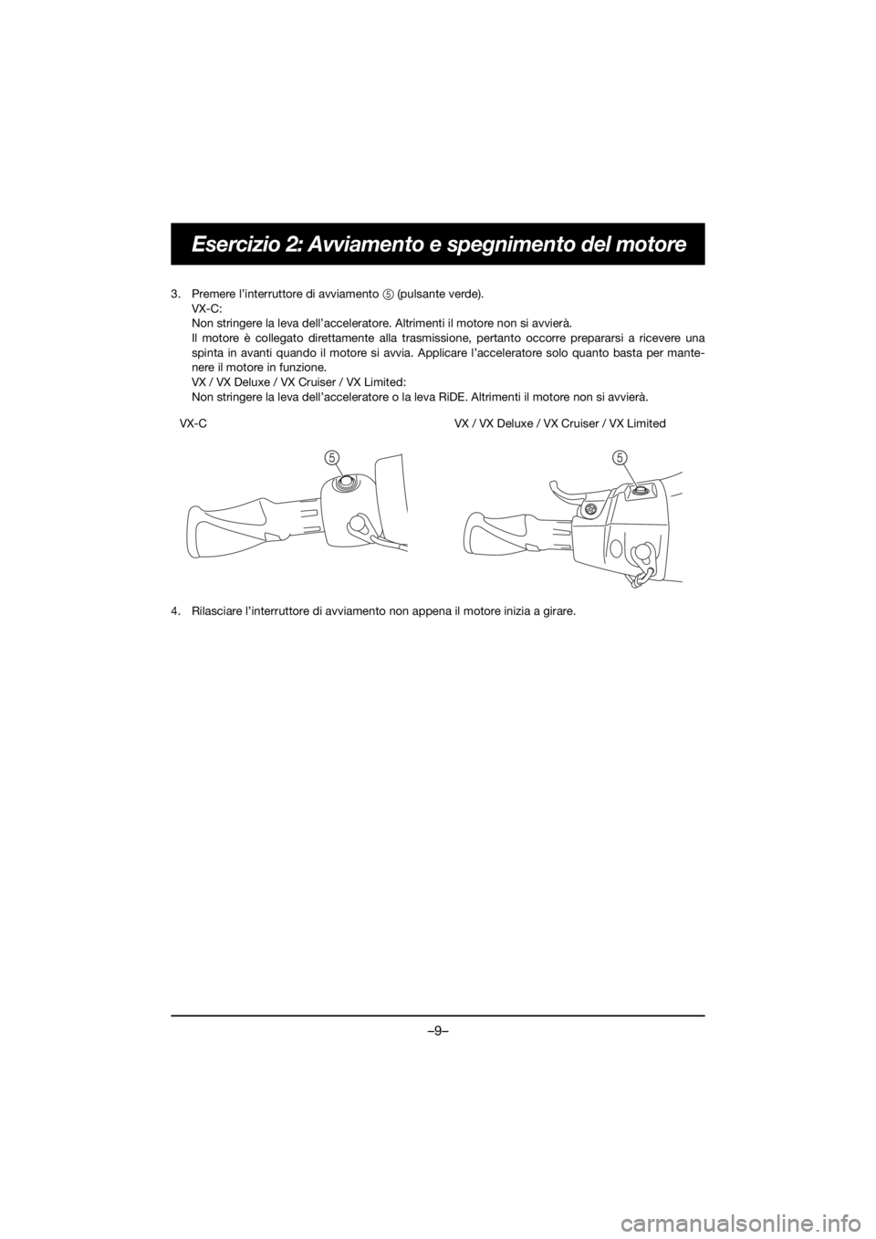 YAMAHA VX DELUXE 2020 Owners Manual –9–
Esercizio 2: Avviamento e spegnimento del motore
3. Premere l’interruttore di avviamento 5 (pulsante verde).
VX-C:
Non stringere la leva dell’acceleratore. Altrimenti il motore non si avvi YAMAHA VX DELUXE 2020 Owners Manual –9–
Esercizio 2: Avviamento e spegnimento del motore
3. Premere l’interruttore di avviamento 5 (pulsante verde).
VX-C:
Non stringere la leva dell’acceleratore. Altrimenti il motore non si avvi
