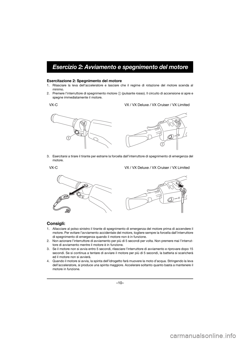 YAMAHA VX DELUXE 2020 Owners Manual –10–
Esercizio 2: Avviamento e spegnimento del motore
Esercitazione 2: Spegnimento del motore
1. Rilasciare la leva dell’acceleratore e lasciare che il regime di rotazione del motore scenda al
YAMAHA VX DELUXE 2020 Owners Manual –10–
Esercizio 2: Avviamento e spegnimento del motore
Esercitazione 2: Spegnimento del motore
1. Rilasciare la leva dell’acceleratore e lasciare che il regime di rotazione del motore scenda al