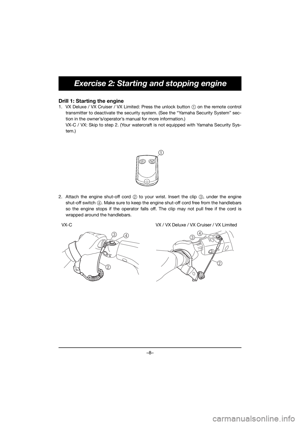 YAMAHA VX DELUXE 2019 Manuale duso (in Italian) –8–
Exercise 2: Starting and stopping engine
Drill 1: Starting the engine
1. VX Deluxe / VX Cruiser / VX Limited: Press the unlock button 1 on the remote control
transmitter to deactivate the secu YAMAHA VX DELUXE 2019 Manuale duso (in Italian) –8–
Exercise 2: Starting and stopping engine
Drill 1: Starting the engine
1. VX Deluxe / VX Cruiser / VX Limited: Press the unlock button 1 on the remote control
transmitter to deactivate the secu