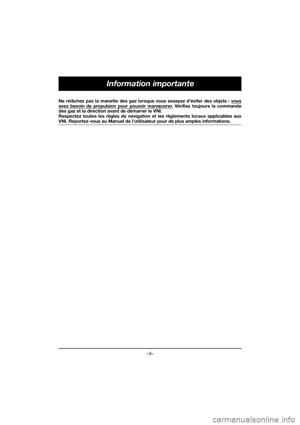 YAMAHA VX DELUXE 2019  Manual de utilização (in Portuguese) –3–
Information importante
Ne relâchez pas la manette des gaz lorsque vous essayez d’éviter des objets : vous
avez besoin de propulsion pour pouvoir manœuvrer. Vérifiez toujours la commande
