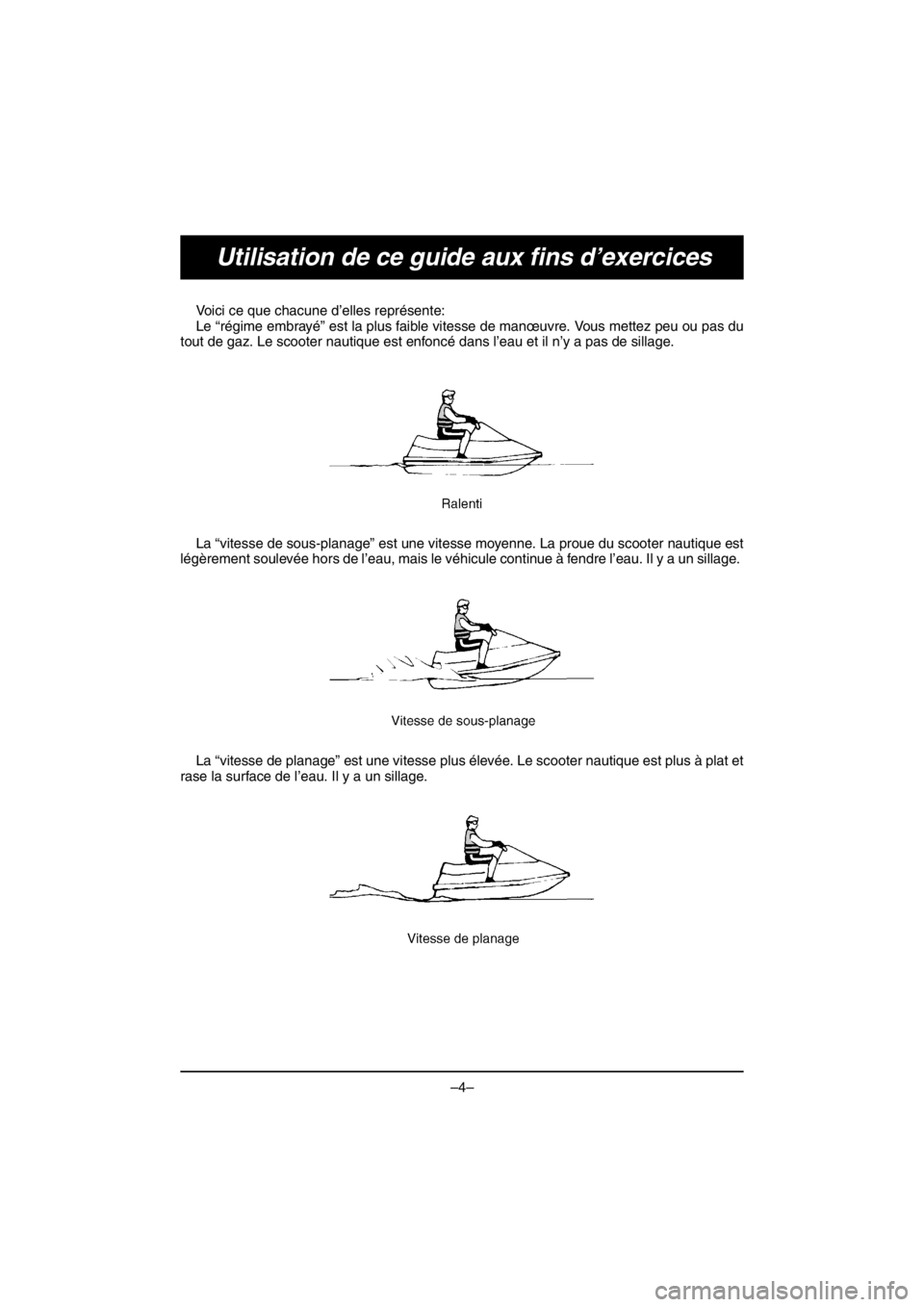 YAMAHA VX DELUXE 2016 Notices Demploi (in French) –4–
Utilisation de ce guide aux fins d’exercices
Voici ce que chacune d’elles représente:
Le “régime embrayé” est la plus faible vitesse de manœuvre. Vous mettez peu ou pas du
tout de YAMAHA VX DELUXE 2016 Notices Demploi (in French) –4–
Utilisation de ce guide aux fins d’exercices
Voici ce que chacune d’elles représente:
Le “régime embrayé” est la plus faible vitesse de manœuvre. Vous mettez peu ou pas du
tout de