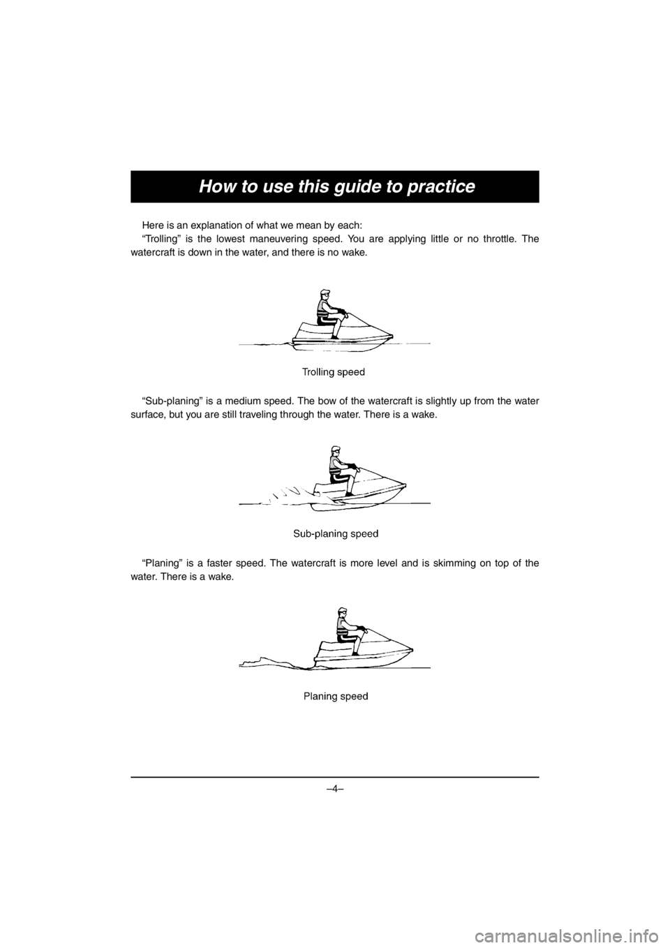 YAMAHA VX DELUXE 2016 Notices Demploi (in French) –4–
How to use this guide to practice
Here is an explanation of what we mean by each:
“Trolling” is the lowest maneuvering speed. You are applying little or no throttle. The
watercraft is down YAMAHA VX DELUXE 2016 Notices Demploi (in French) –4–
How to use this guide to practice
Here is an explanation of what we mean by each:
“Trolling” is the lowest maneuvering speed. You are applying little or no throttle. The
watercraft is down