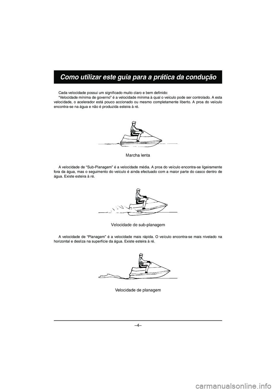 YAMAHA VX DELUXE 2015 Manual de utilização (in Portuguese) –4–
Como utilizar este guia para a prática da condução
Cada velocidade possui um significado muito claro e bem definido:
“Velocidade mínima de governo” é a velocidade mínima à qual o v YAMAHA VX DELUXE 2015 Manual de utilização (in Portuguese) –4–
Como utilizar este guia para a prática da condução
Cada velocidade possui um significado muito claro e bem definido:
“Velocidade mínima de governo” é a velocidade mínima à qual o v