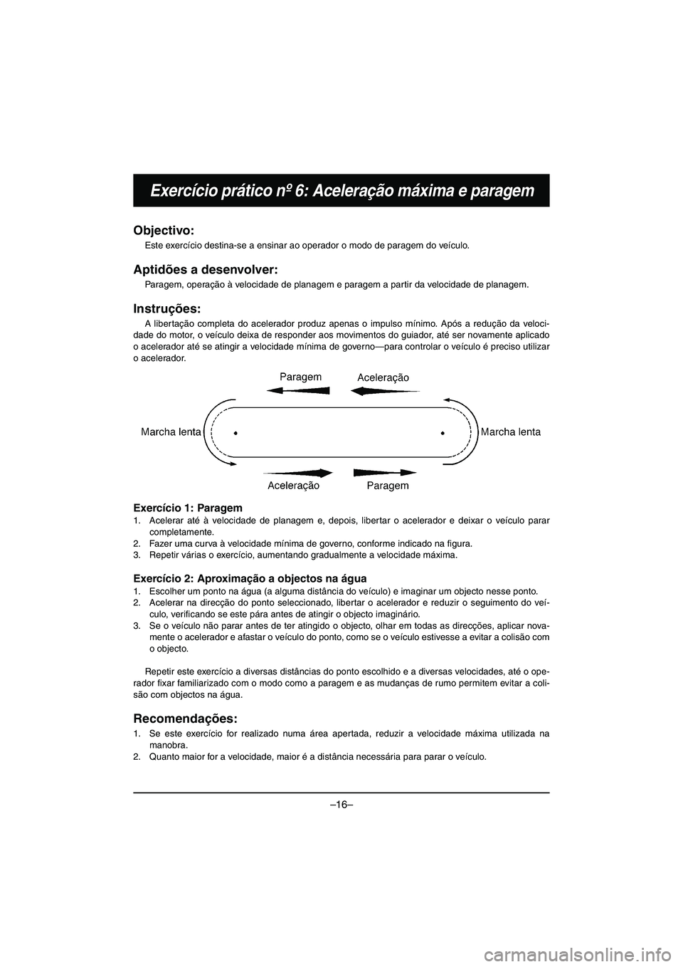 YAMAHA VX DELUXE 2015 Manual de utilização (in Portuguese) –16–
Exercício prático nº 6: Aceleração máxima e paragem
Objectivo:
Este exercício destina-se a ensinar ao operador o modo de paragem do veículo.
Aptidões a desenvolver:
Paragem, opera YAMAHA VX DELUXE 2015 Manual de utilização (in Portuguese) –16–
Exercício prático nº 6: Aceleração máxima e paragem
Objectivo:
Este exercício destina-se a ensinar ao operador o modo de paragem do veículo.
Aptidões a desenvolver:
Paragem, opera