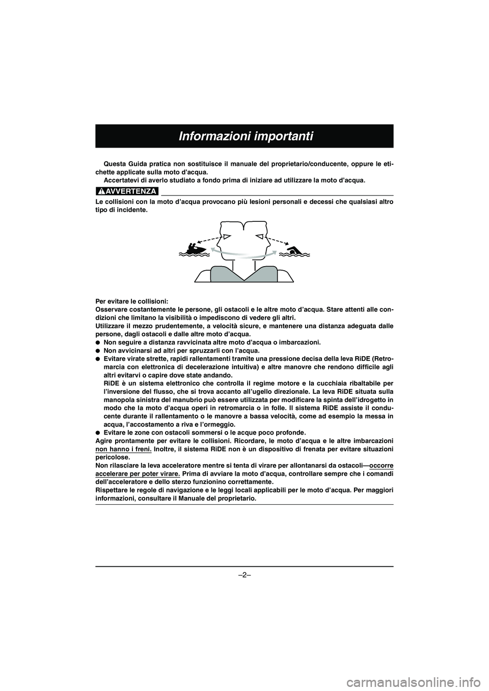 YAMAHA VX DELUXE 2015 Manual de utilização (in Portuguese) –2–
Informazioni importanti
Questa Guida pratica non sostituisce il manuale del proprietario/conducente, oppure le eti-
chette applicate sulla moto d’acqua. Accertatevi di averlo studiato a fon YAMAHA VX DELUXE 2015 Manual de utilização (in Portuguese) –2–
Informazioni importanti
Questa Guida pratica non sostituisce il manuale del proprietario/conducente, oppure le eti-
chette applicate sulla moto d’acqua. Accertatevi di averlo studiato a fon