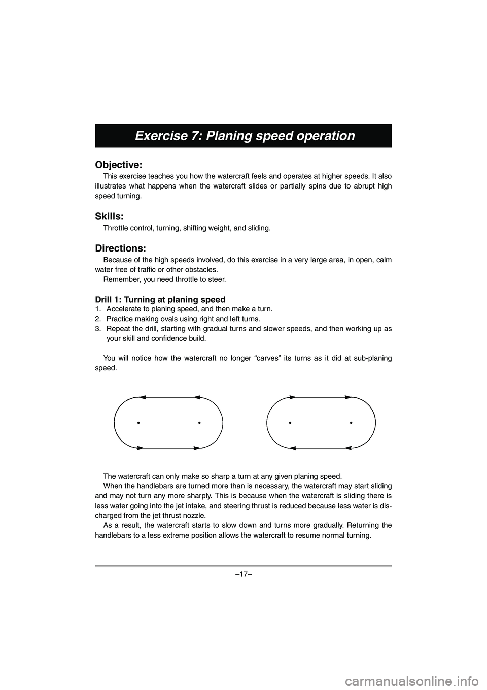 YAMAHA VX DELUXE 2015 Manual de utilização (in Portuguese) –17–
Exercise 7: Planing speed operation
Objective:
This exercise teaches you how the watercraft feels and operates at higher speeds. It also
illustrates what happens when the watercraft slides o YAMAHA VX DELUXE 2015 Manual de utilização (in Portuguese) –17–
Exercise 7: Planing speed operation
Objective:
This exercise teaches you how the watercraft feels and operates at higher speeds. It also
illustrates what happens when the watercraft slides o