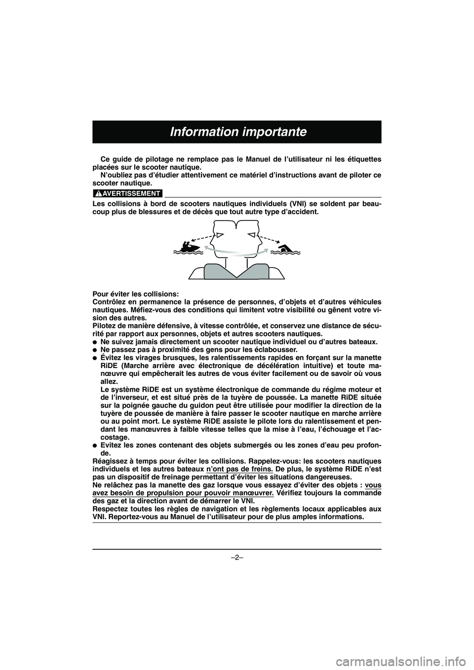 YAMAHA VX DELUXE 2015  Manual de utilização (in Portuguese) –2–
Information importante
Ce guide de pilotage ne remplace pas le Manuel de l’utilisateur ni les étiquettes
placées sur le scooter nautique.  N’oubliez pas d’étudier attentivement ce mat