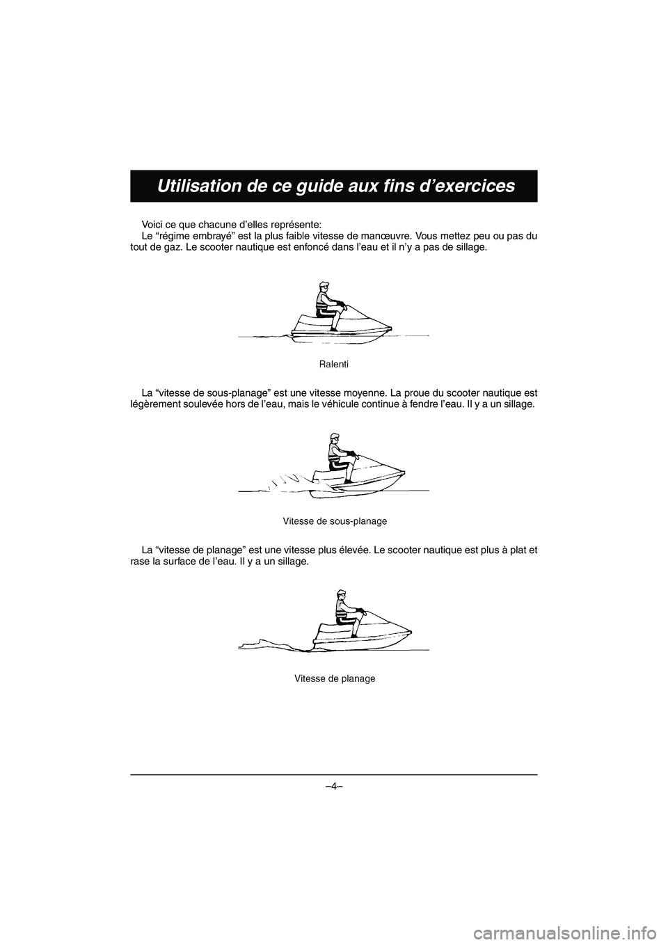 YAMAHA VX DELUXE 2015 Manual de utilização (in Portuguese) –4–
Utilisation de ce guide aux fins d’exercices
Voici ce que chacune d’elles représente:
Le “régime embrayé” est la plus faible vitesse de manœuvre. Vous mettez peu ou pas du
tout de YAMAHA VX DELUXE 2015 Manual de utilização (in Portuguese) –4–
Utilisation de ce guide aux fins d’exercices
Voici ce que chacune d’elles représente:
Le “régime embrayé” est la plus faible vitesse de manœuvre. Vous mettez peu ou pas du
tout de