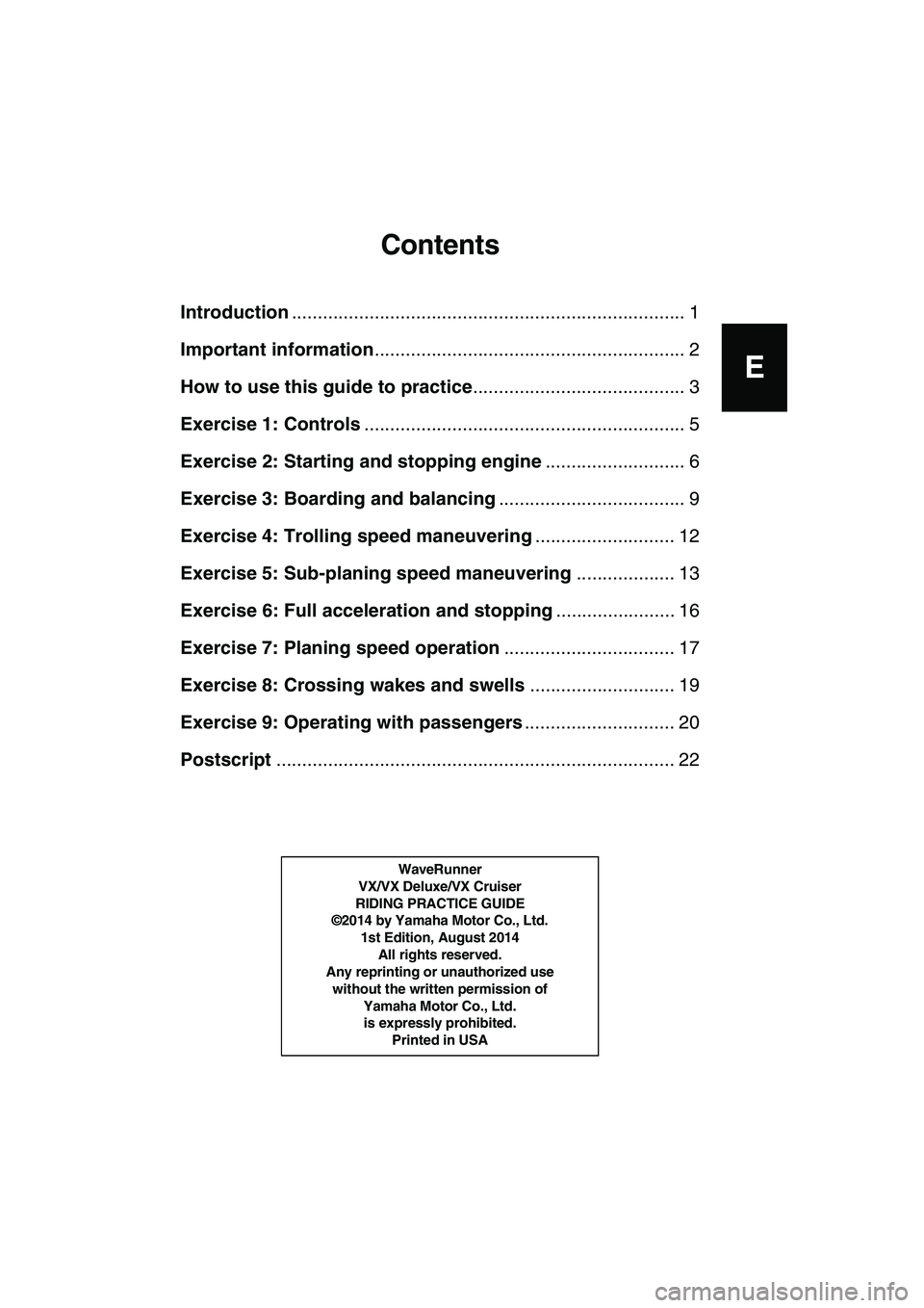YAMAHA VX DELUXE 2015  Manual de utilização (in Portuguese) E
F
D
ES
P
GR I
Contents
Introduction ............................................................................ 1
Important information ............................................................ 