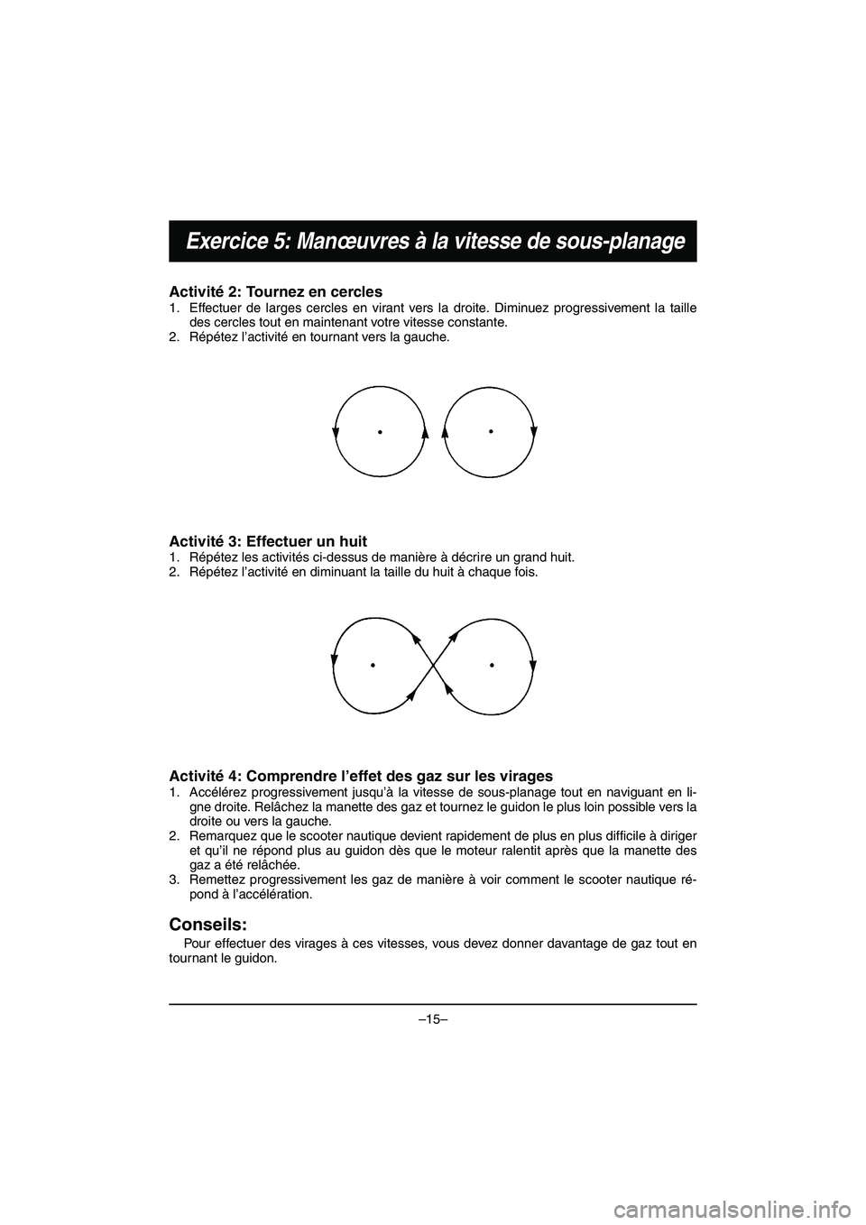 YAMAHA VX DELUXE 2015 Manual de utilização (in Portuguese) –15–
Exercice 5: Manœuvres à la vitesse de sous-planage
Activité 2: Tournez en cercles
1. Effectuer de larges cercles en virant vers la droite. Diminuez progressivement la tailledes cercles to YAMAHA VX DELUXE 2015 Manual de utilização (in Portuguese) –15–
Exercice 5: Manœuvres à la vitesse de sous-planage
Activité 2: Tournez en cercles
1. Effectuer de larges cercles en virant vers la droite. Diminuez progressivement la tailledes cercles to