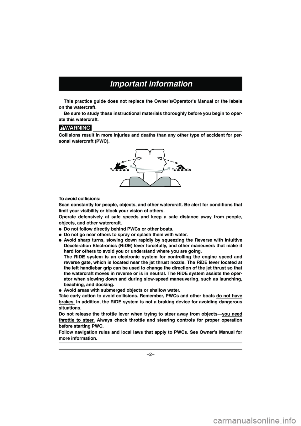 YAMAHA VX DELUXE 2015 Manual de utilização (in Portuguese) –2–
Important information
This practice guide does not replace the Owner’s/Operator’s Manual or the labels
on the watercraft. Be sure to study these instructional materials thoroughly before YAMAHA VX DELUXE 2015 Manual de utilização (in Portuguese) –2–
Important information
This practice guide does not replace the Owner’s/Operator’s Manual or the labels
on the watercraft. Be sure to study these instructional materials thoroughly before