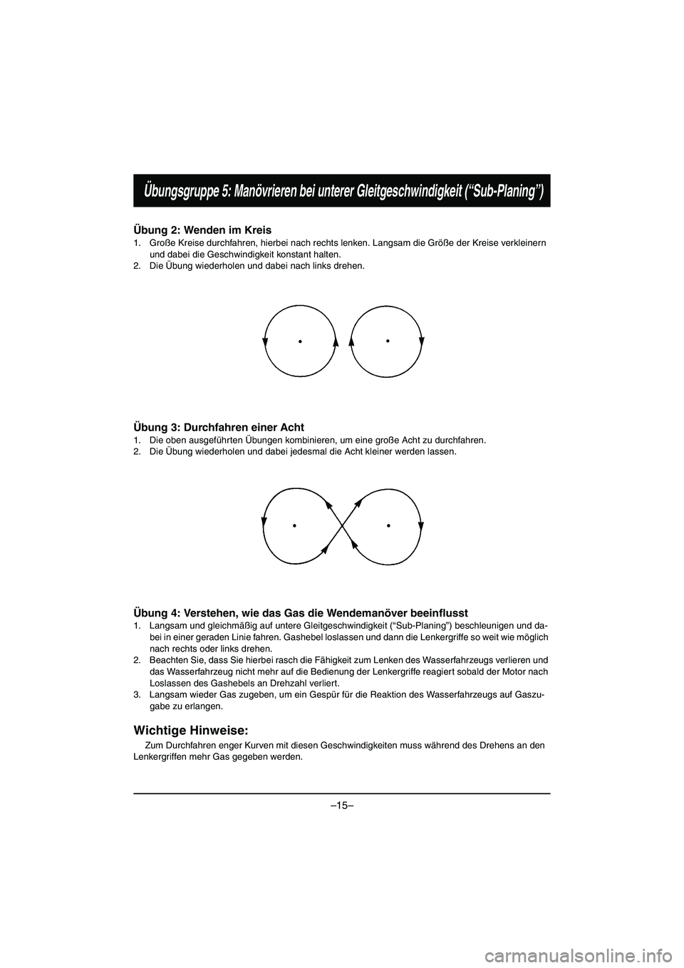 YAMAHA VX DELUXE 2015 Manual de utilização (in Portuguese) –15–
Übungsgruppe 5: Manövrieren bei unterer Gleitgeschwindigkeit (“Sub-Planing”)
Übung 2: Wenden im Kreis
1. Große Kreise durchfahren, hierbei nach rechts lenken. Langsam die Größe der YAMAHA VX DELUXE 2015 Manual de utilização (in Portuguese) –15–
Übungsgruppe 5: Manövrieren bei unterer Gleitgeschwindigkeit (“Sub-Planing”)
Übung 2: Wenden im Kreis
1. Große Kreise durchfahren, hierbei nach rechts lenken. Langsam die Größe der