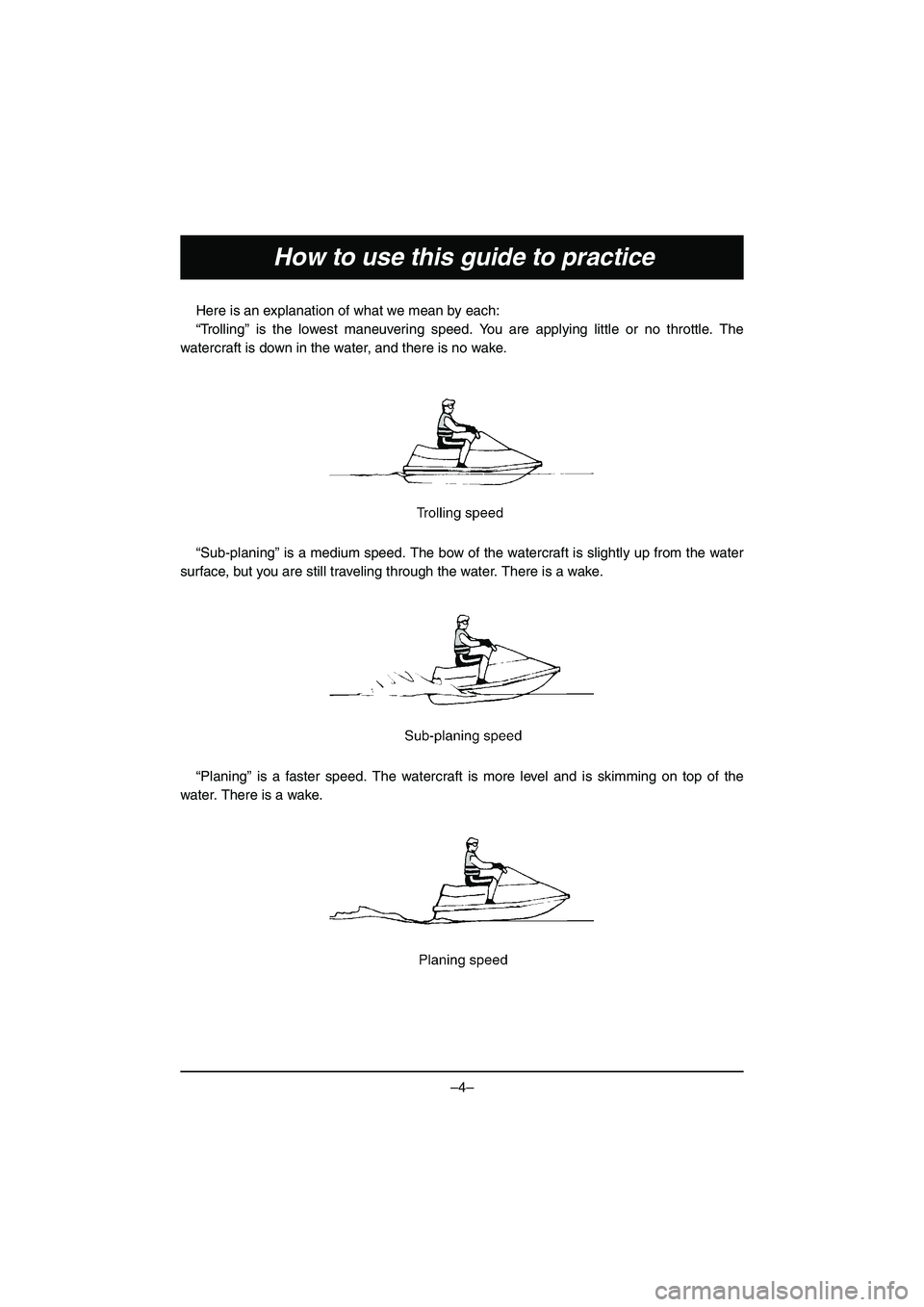 YAMAHA VX DELUXE 2015 Manual de utilização (in Portuguese) –4–
How to use this guide to practice
Here is an explanation of what we mean by each:
“Trolling” is the lowest maneuvering speed. You are applying little or no throttle. The
watercraft is down YAMAHA VX DELUXE 2015 Manual de utilização (in Portuguese) –4–
How to use this guide to practice
Here is an explanation of what we mean by each:
“Trolling” is the lowest maneuvering speed. You are applying little or no throttle. The
watercraft is down