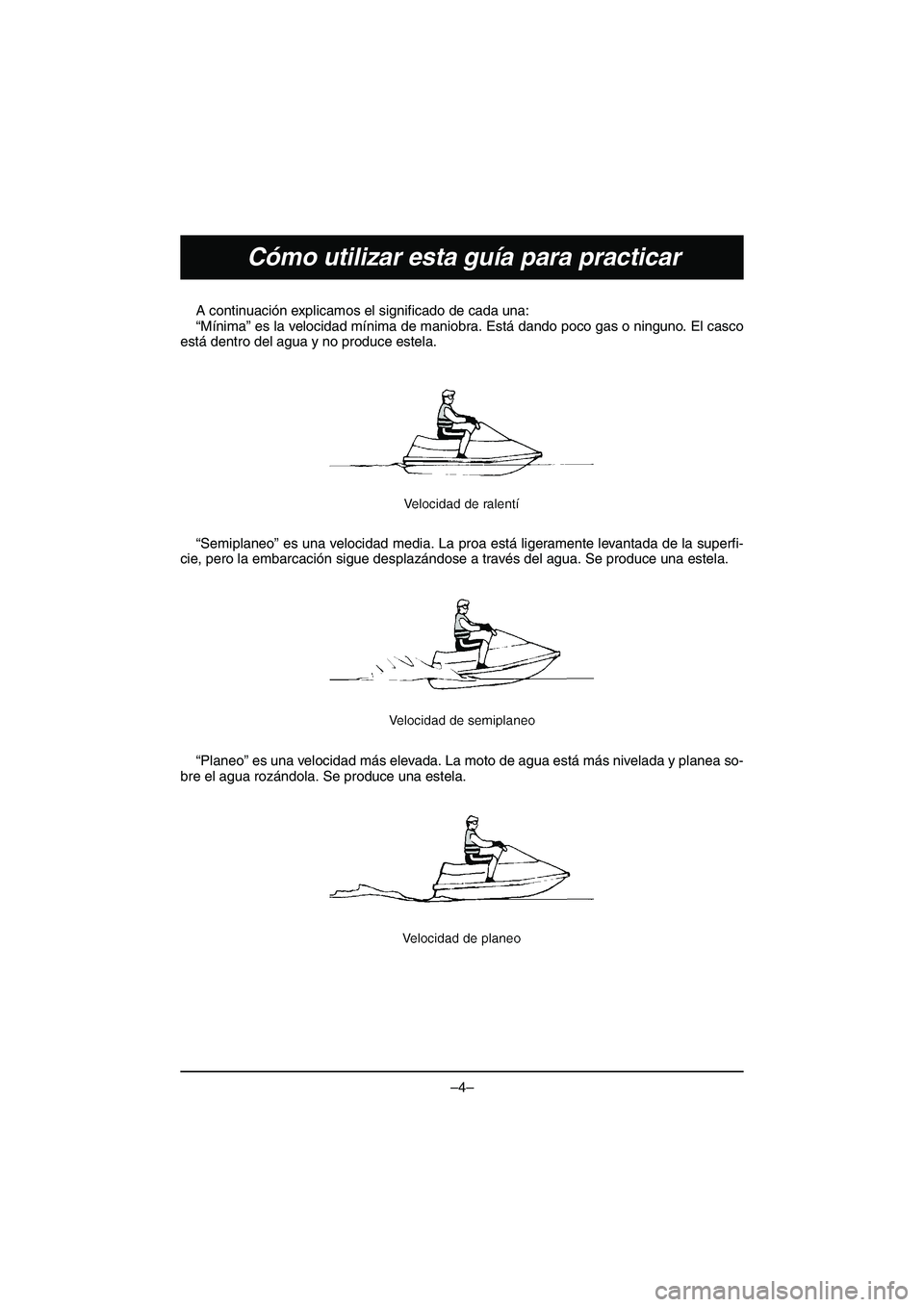 YAMAHA VX DELUXE 2015 Manual de utilização (in Portuguese) –4–
Cómo utilizar esta guía para practicar
A continuación explicamos el significado de cada una:
“Mínima” es la velocidad mínima de maniobra. Está dando poco gas o ninguno. El casco
est YAMAHA VX DELUXE 2015 Manual de utilização (in Portuguese) –4–
Cómo utilizar esta guía para practicar
A continuación explicamos el significado de cada una:
“Mínima” es la velocidad mínima de maniobra. Está dando poco gas o ninguno. El casco
est