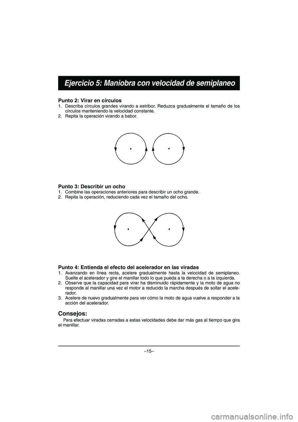 YAMAHA VX DELUXE 2015 Manual de utilização (in Portuguese) –15–
Ejercicio 5: Maniobra con velocidad de semiplaneo
Punto 2: Virar en círculos
1. Describa círculos grandes virando a estribor. Reduzca gradualmente el tamaño de loscírculos manteniendo la YAMAHA VX DELUXE 2015 Manual de utilização (in Portuguese) –15–
Ejercicio 5: Maniobra con velocidad de semiplaneo
Punto 2: Virar en círculos
1. Describa círculos grandes virando a estribor. Reduzca gradualmente el tamaño de loscírculos manteniendo la