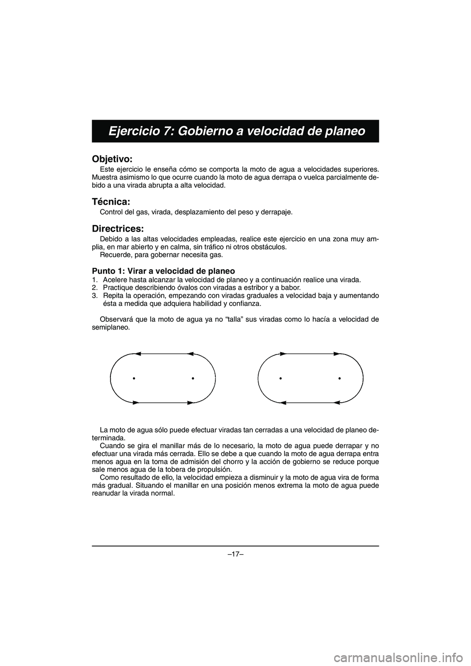 YAMAHA VX DELUXE 2015 Manual de utilização (in Portuguese) –17–
Ejercicio 7: Gobierno a velocidad de planeo
Objetivo:
Este ejercicio le enseña cómo se comporta la moto de agua a velocidades superiores.
Muestra asimismo lo que ocurre cuando la moto de a YAMAHA VX DELUXE 2015 Manual de utilização (in Portuguese) –17–
Ejercicio 7: Gobierno a velocidad de planeo
Objetivo:
Este ejercicio le enseña cómo se comporta la moto de agua a velocidades superiores.
Muestra asimismo lo que ocurre cuando la moto de a