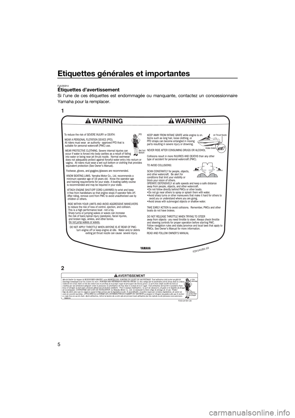 YAMAHA VXR 2019 Notices Demploi (in French) Etiquettes générales et importantes
5
FJU35914Étiquettes d’avertissement
Si l’une de ces étiquettes est endommagée ou manquante, contactez un concessionnaire
Yamaha pour la remplacer.
F2S-U41 YAMAHA VXR 2019 Notices Demploi (in French) Etiquettes générales et importantes
5
FJU35914Étiquettes d’avertissement
Si l’une de ces étiquettes est endommagée ou manquante, contactez un concessionnaire
Yamaha pour la remplacer.
F2S-U41