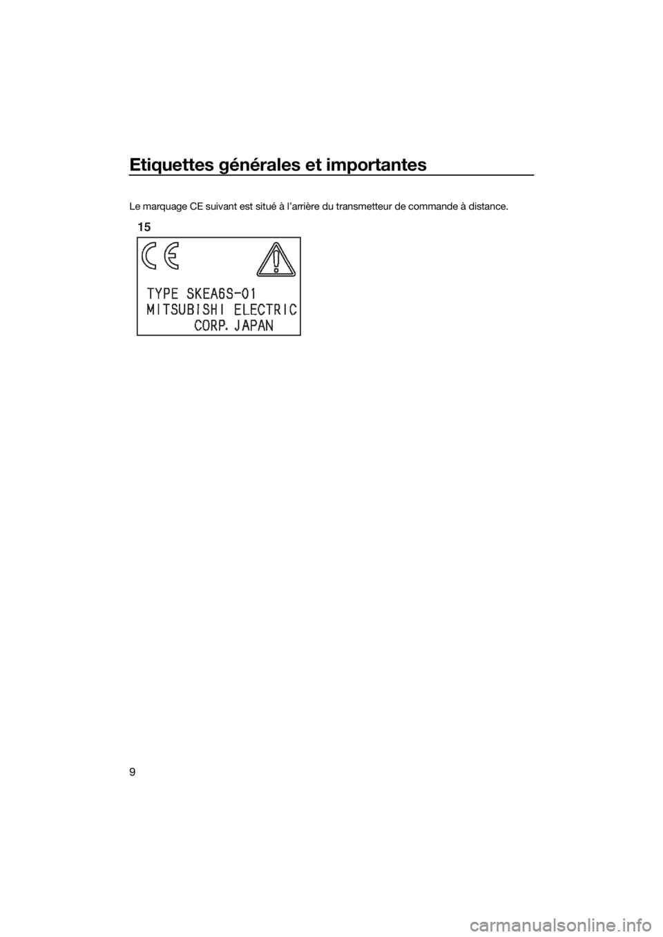 YAMAHA VXR 2019 Notices Demploi (in French) Etiquettes générales et importantes
9
Le marquage CE suivant est situé à l’arrière du transmetteur de commande à distance.
15
UF2W75F0.book Page 9 Wednesday, July 11, 2018 11:44 AM YAMAHA VXR 2019 Notices Demploi (in French) Etiquettes générales et importantes
9
Le marquage CE suivant est situé à l’arrière du transmetteur de commande à distance.
15
UF2W75F0.book Page 9 Wednesday, July 11, 2018 11:44 AM
