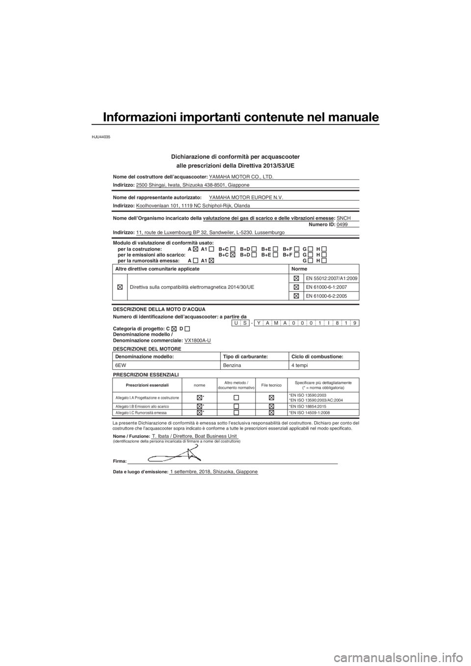 YAMAHA VXR 2019  Manuale duso (in Italian) Informazioni importanti contenute nel manuale
HJU44035
Dichiarazione di conformità per acquascooter
alle prescrizioni della Direttiva 2013/53/UE
Nome del costruttore dell’acquascooter:YAMAHA MOTOR 