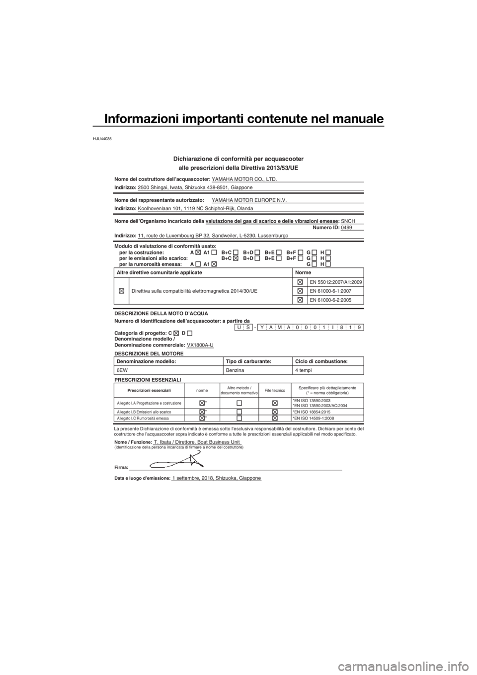 YAMAHA VXR 2019 Manuale duso (in Italian) Informazioni importanti contenute nel manuale
HJU44035
Dichiarazione di conformità per acquascooter
alle prescrizioni della Direttiva 2013/53/UE
Nome del costruttore dell’acquascooter:YAMAHA MOTOR YAMAHA VXR 2019 Manuale duso (in Italian) Informazioni importanti contenute nel manuale
HJU44035
Dichiarazione di conformità per acquascooter
alle prescrizioni della Direttiva 2013/53/UE
Nome del costruttore dell’acquascooter:YAMAHA MOTOR