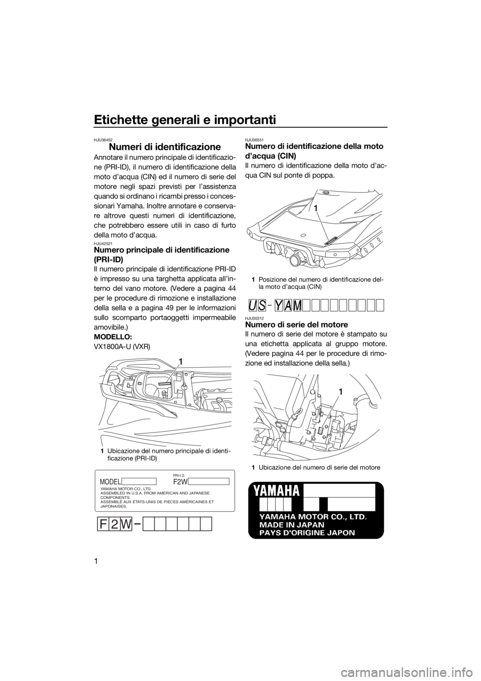 YAMAHA VXR 2019 Manuale duso (in Italian) Etichette generali e importanti
1
HJU36452
Numeri di identificazione
Annotare il numero principale di identificazio-
ne (PRI-ID), il numero di identificazione della
moto d’acqua (CIN) ed il numero d YAMAHA VXR 2019 Manuale duso (in Italian) Etichette generali e importanti
1
HJU36452
Numeri di identificazione
Annotare il numero principale di identificazio-
ne (PRI-ID), il numero di identificazione della
moto d’acqua (CIN) ed il numero d