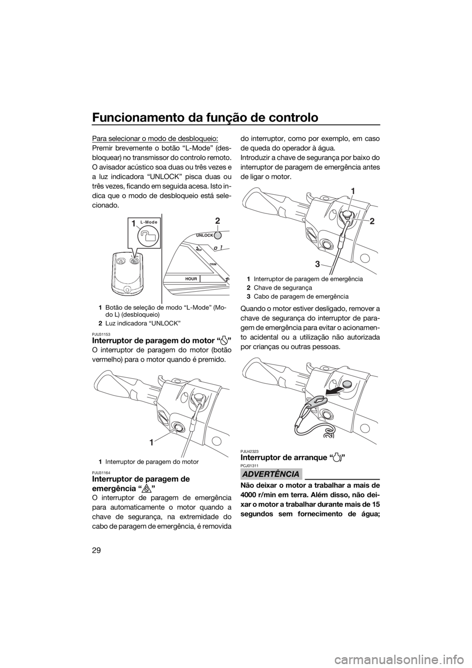 YAMAHA VXR 2019 Manual de utilização (in Portuguese) Funcionamento da função de controlo
29
Para selecionar o modo de desbloqueio:
Premir brevemente o botão “L-Mode” (des-
bloquear) no transmissor do controlo remoto.
O avisador acústico soa duas YAMAHA VXR 2019 Manual de utilização (in Portuguese) Funcionamento da função de controlo
29
Para selecionar o modo de desbloqueio:
Premir brevemente o botão “L-Mode” (des-
bloquear) no transmissor do controlo remoto.
O avisador acústico soa duas