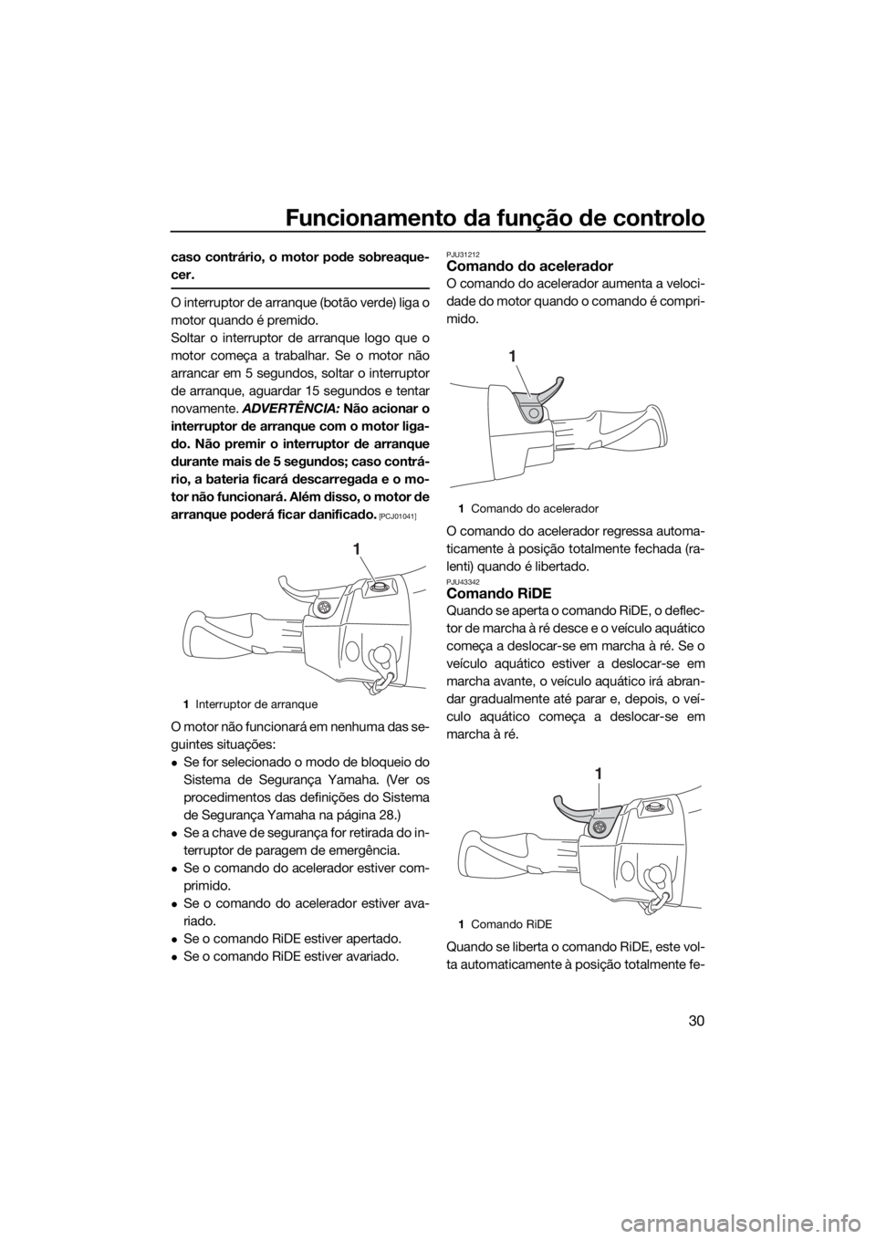 YAMAHA VXR 2019 Manual de utilização (in Portuguese) Funcionamento da função de controlo
30
caso contrário, o motor pode sobreaque-
cer.
O interruptor de arranque (botão verde) liga o
motor quando é premido.
Soltar o interruptor de arranque logo qu YAMAHA VXR 2019 Manual de utilização (in Portuguese) Funcionamento da função de controlo
30
caso contrário, o motor pode sobreaque-
cer.
O interruptor de arranque (botão verde) liga o
motor quando é premido.
Soltar o interruptor de arranque logo qu