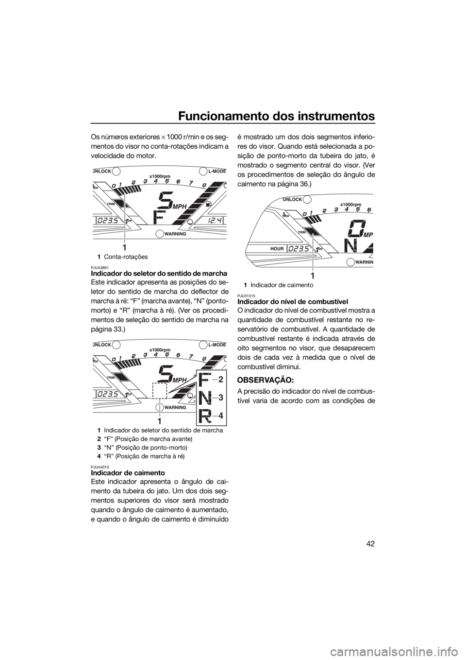 YAMAHA VXR 2019 Manual de utilização (in Portuguese) Funcionamento dos instrumentos
42
Os números exteriores × 1000 r/min e os seg-
mentos do visor no conta-rotações indicam a
velocidade do motor.
PJU43891Indicador do seletor do sentido de marcha
E YAMAHA VXR 2019 Manual de utilização (in Portuguese) Funcionamento dos instrumentos
42
Os números exteriores × 1000 r/min e os seg-
mentos do visor no conta-rotações indicam a
velocidade do motor.
PJU43891Indicador do seletor do sentido de marcha
E