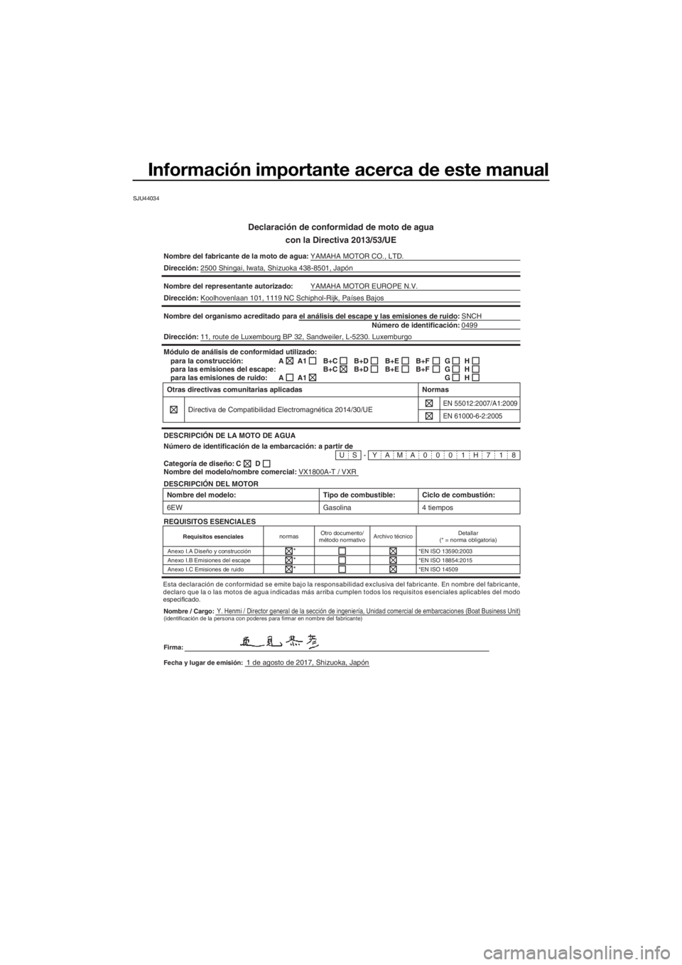 YAMAHA VXR 2018 Manuale de Empleo (in Spanish) Información importante acerca de este manual
SJU44034
Declaración de conformidad de moto de agua
con la Directiva 2013/53/UE
Nombre del fabricante de la moto de agua:YAMAHA MOTOR CO., LTD.
Direcció YAMAHA VXR 2018 Manuale de Empleo (in Spanish) Información importante acerca de este manual
SJU44034
Declaración de conformidad de moto de agua
con la Directiva 2013/53/UE
Nombre del fabricante de la moto de agua:YAMAHA MOTOR CO., LTD.
Direcció