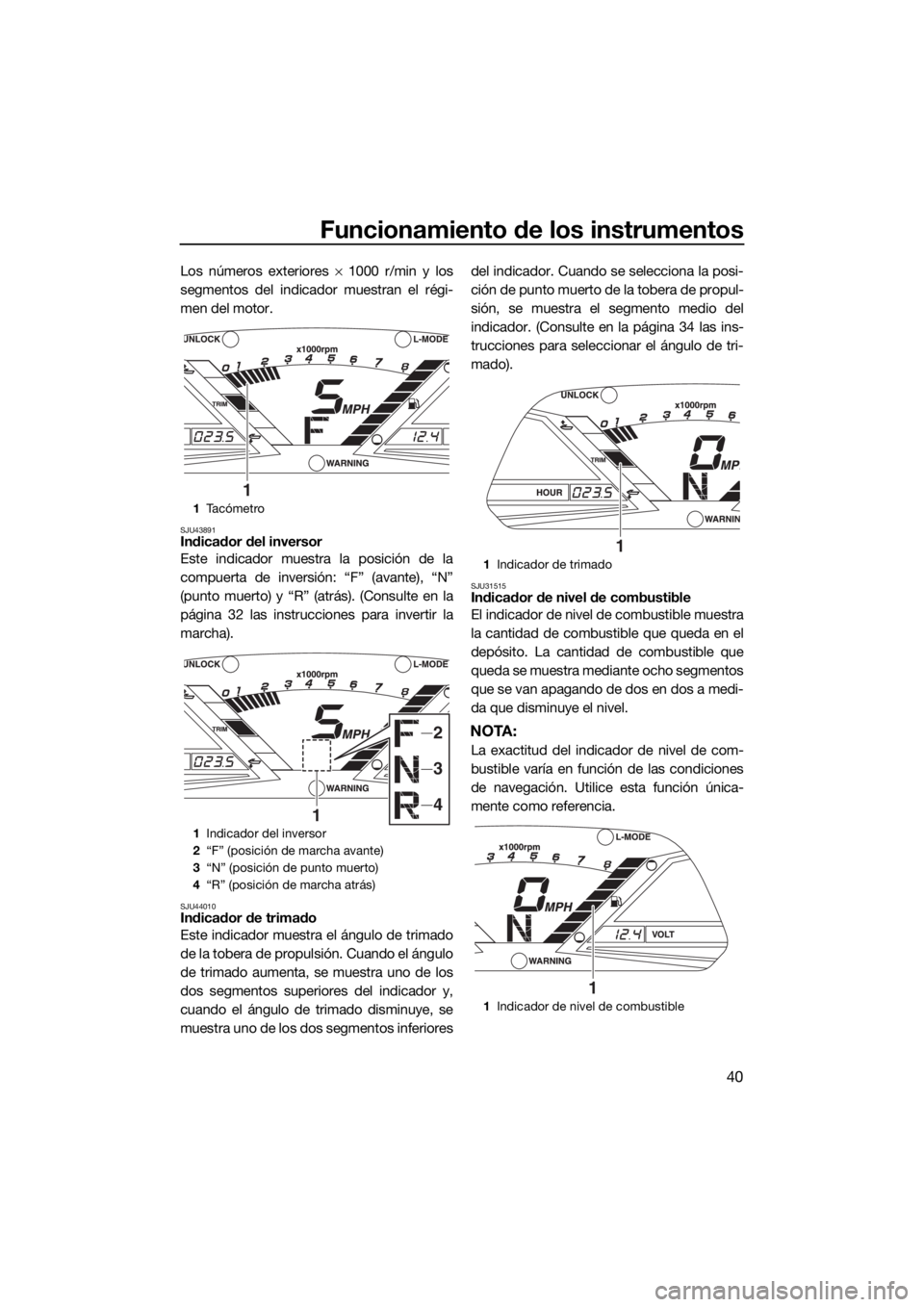 YAMAHA VXR 2018 Manuale de Empleo (in Spanish) Funcionamiento de los instrumentos
40
Los números exteriores × 1000 r/min y los
segmentos del indicador muestran el régi-
men del motor.
SJU43891Indicador del inversor
Este indicador muestra la po YAMAHA VXR 2018 Manuale de Empleo (in Spanish) Funcionamiento de los instrumentos
40
Los números exteriores × 1000 r/min y los
segmentos del indicador muestran el régi-
men del motor.
SJU43891Indicador del inversor
Este indicador muestra la po