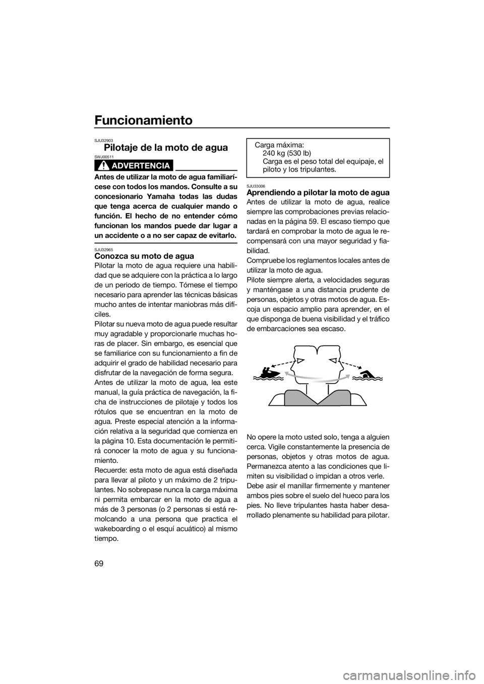 YAMAHA VXR 2018 Manuale de Empleo (in Spanish) Funcionamiento
69
SJU32903
Pilotaje de la moto de agua
ADVERTENCIA
SWJ00511
Antes de utilizar la moto de agua familiarí-
cese con todos los mandos. Consulte a su
concesionario Yamaha todas las dudas
YAMAHA VXR 2018 Manuale de Empleo (in Spanish) Funcionamiento
69
SJU32903
Pilotaje de la moto de agua
ADVERTENCIA
SWJ00511
Antes de utilizar la moto de agua familiarí-
cese con todos los mandos. Consulte a su
concesionario Yamaha todas las dudas